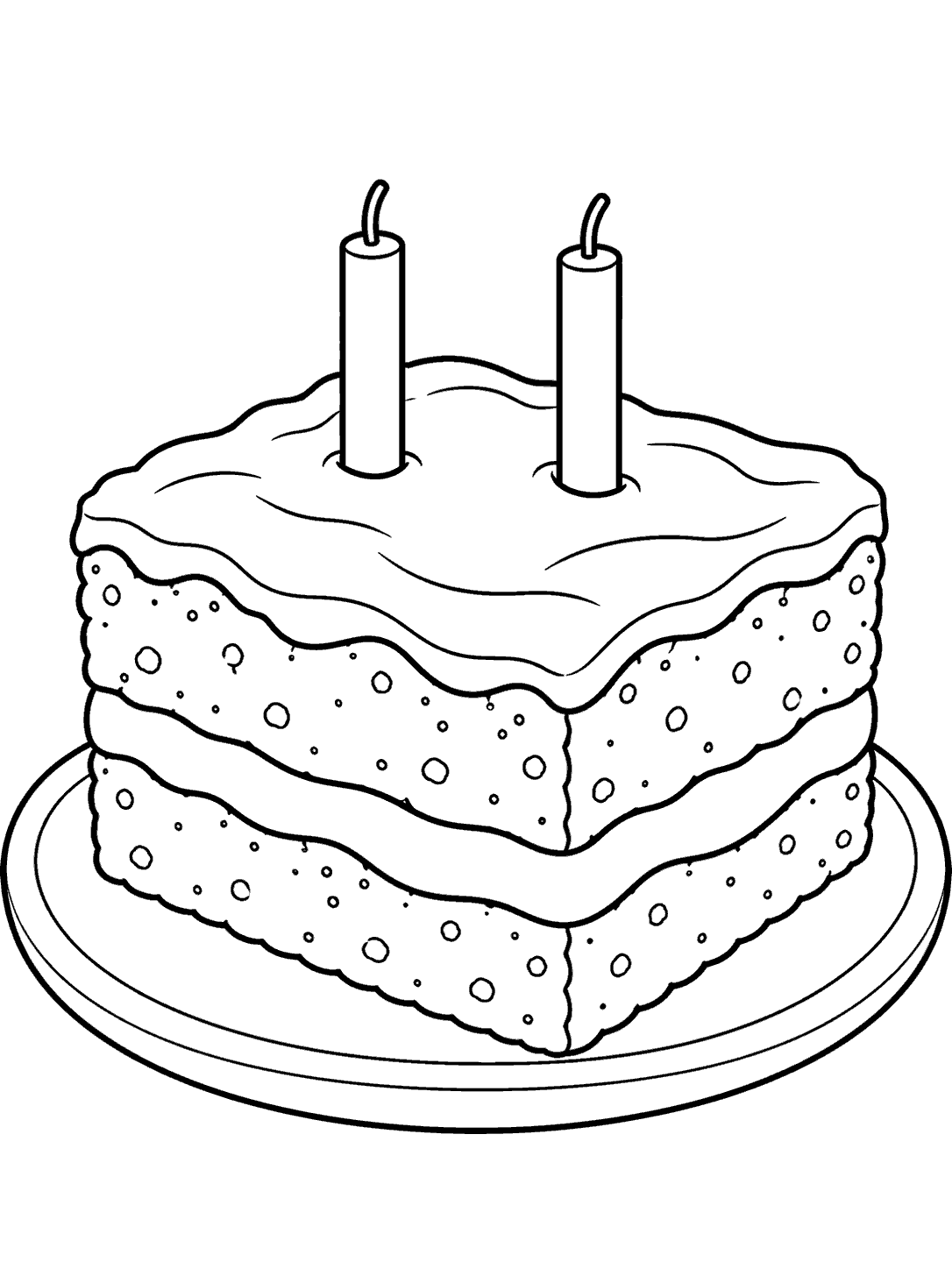 Black outline coloring page of a square layered brownie cake with two unlit candles on a platter.
