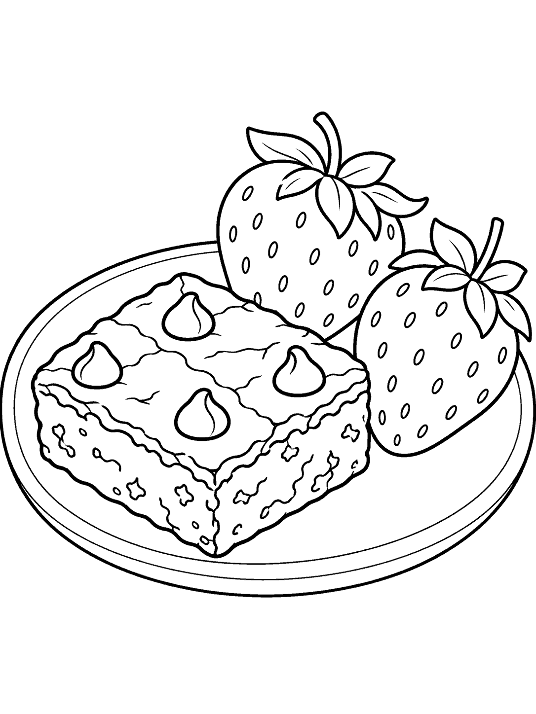 Black outline coloring page of a brownie square and two whole strawberries on an oval plate.