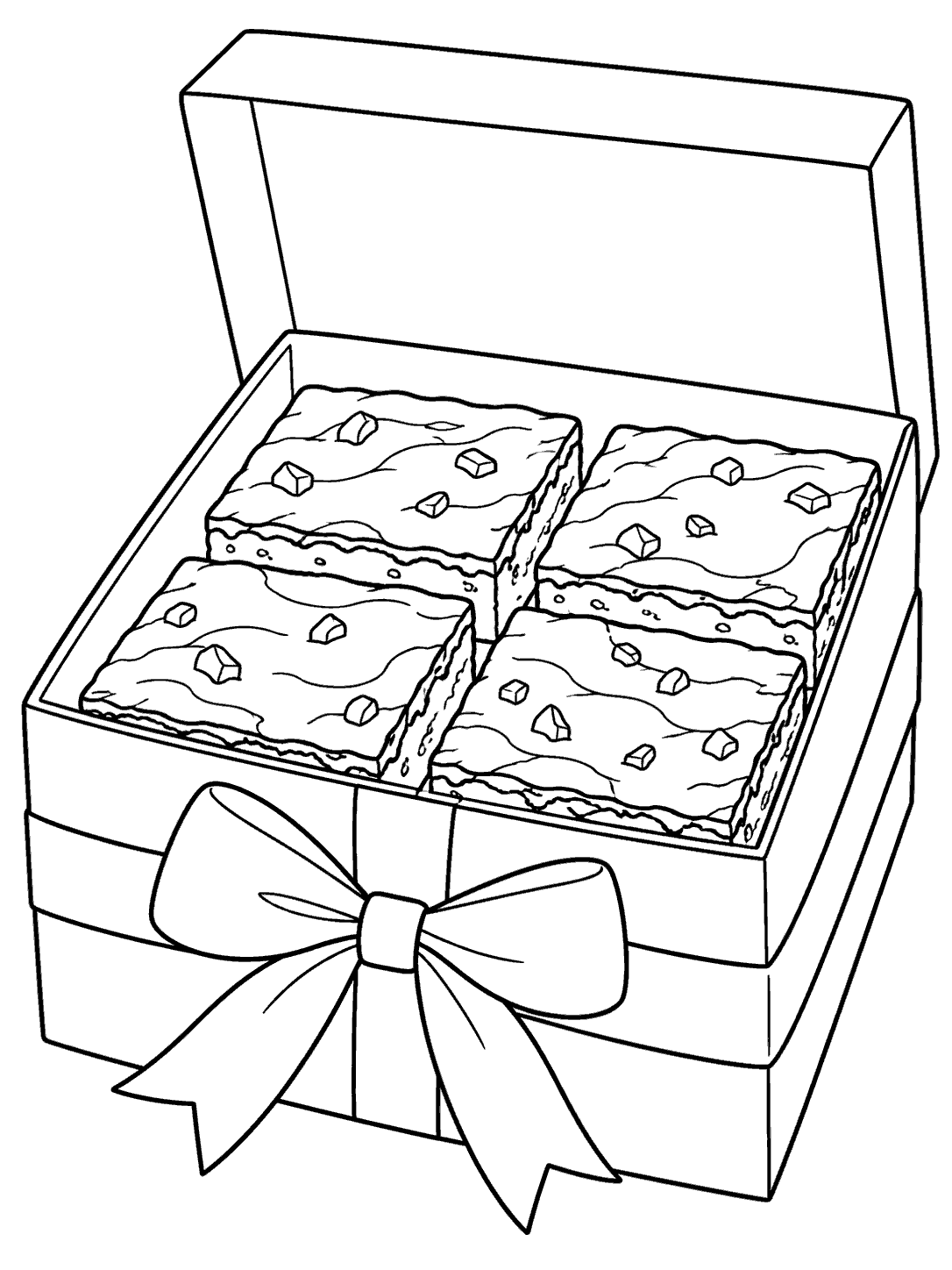 Black ink coloring page of four brownies in an open gift box with a large ribbon bow.