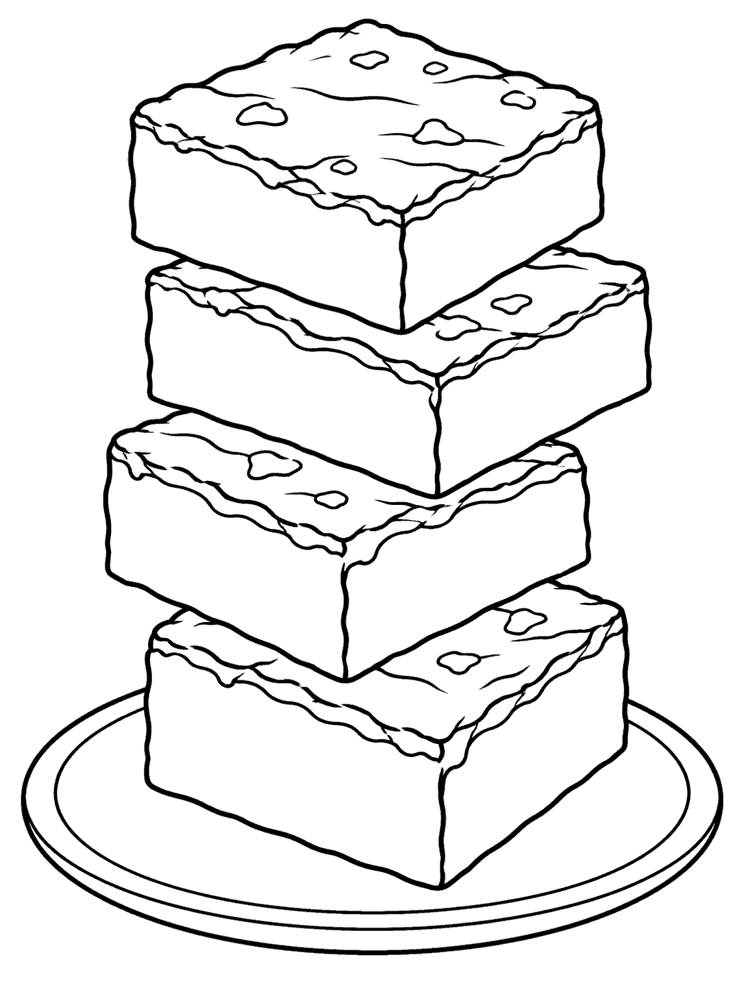 Five square brownies stacked in alternating directions on a plate, outlined for coloring.