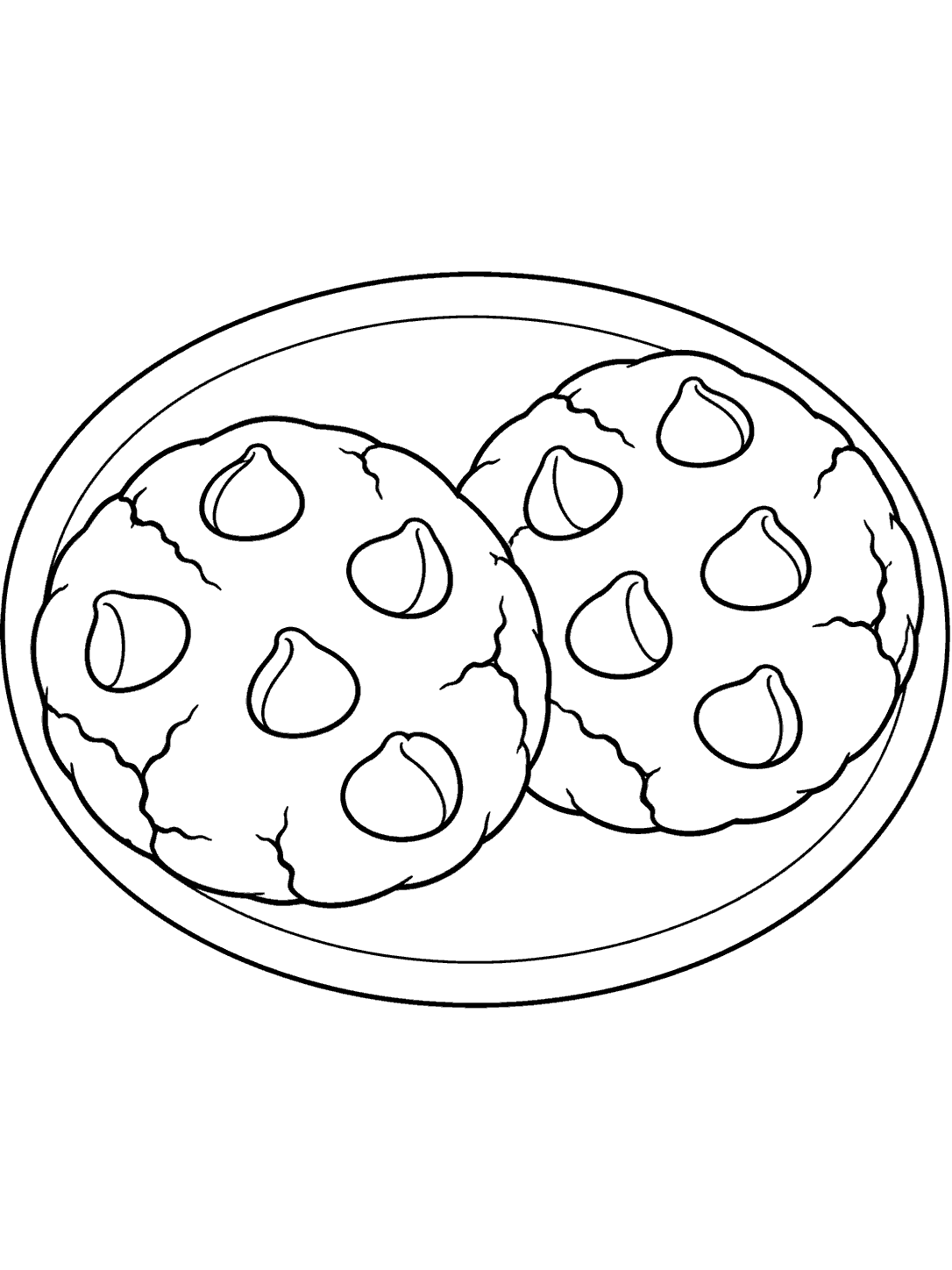 Black outline coloring page of two cracked brownie cookies with large chocolate chips on a plate.