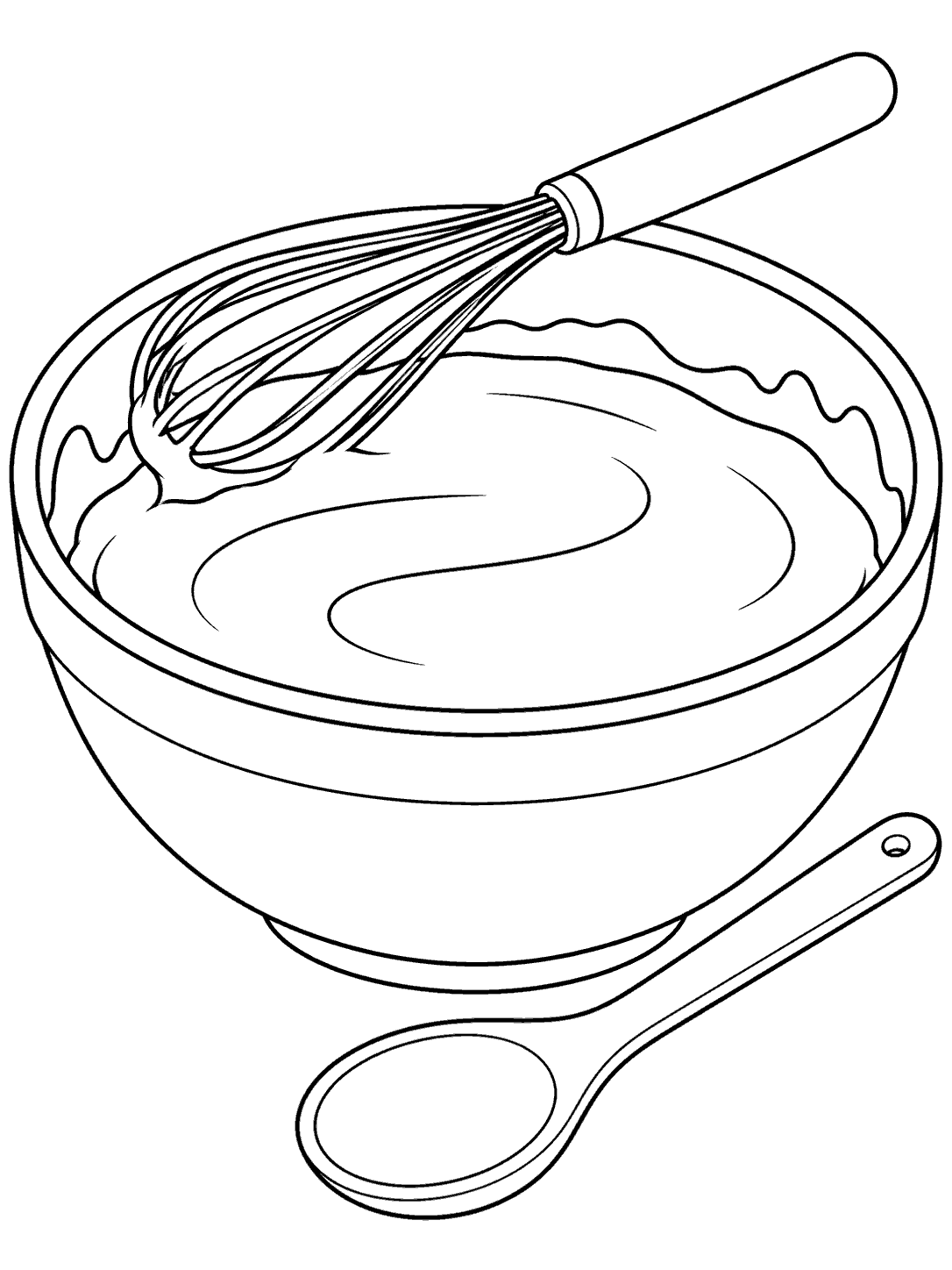Printable coloring page showing a bowl of brownie batter, a whisk, and a wooden spoon.