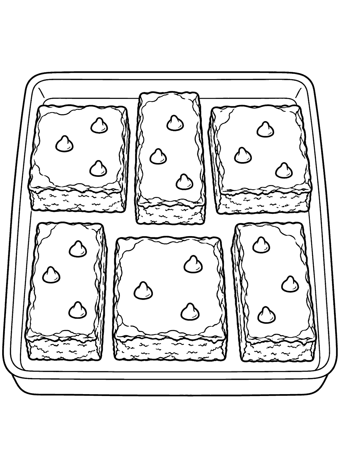 A printable black-and-white coloring page of six brownies arranged on a tray in two rows.