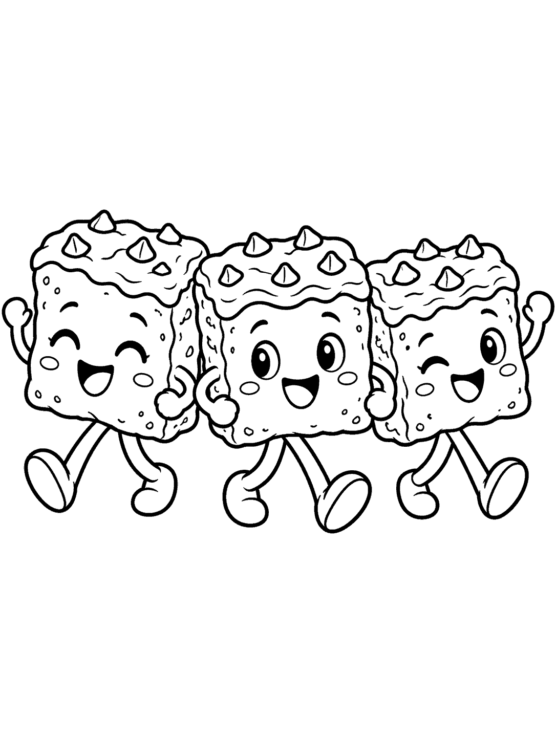 Coloring page showing three cheerful brownie-square characters marching in a row.