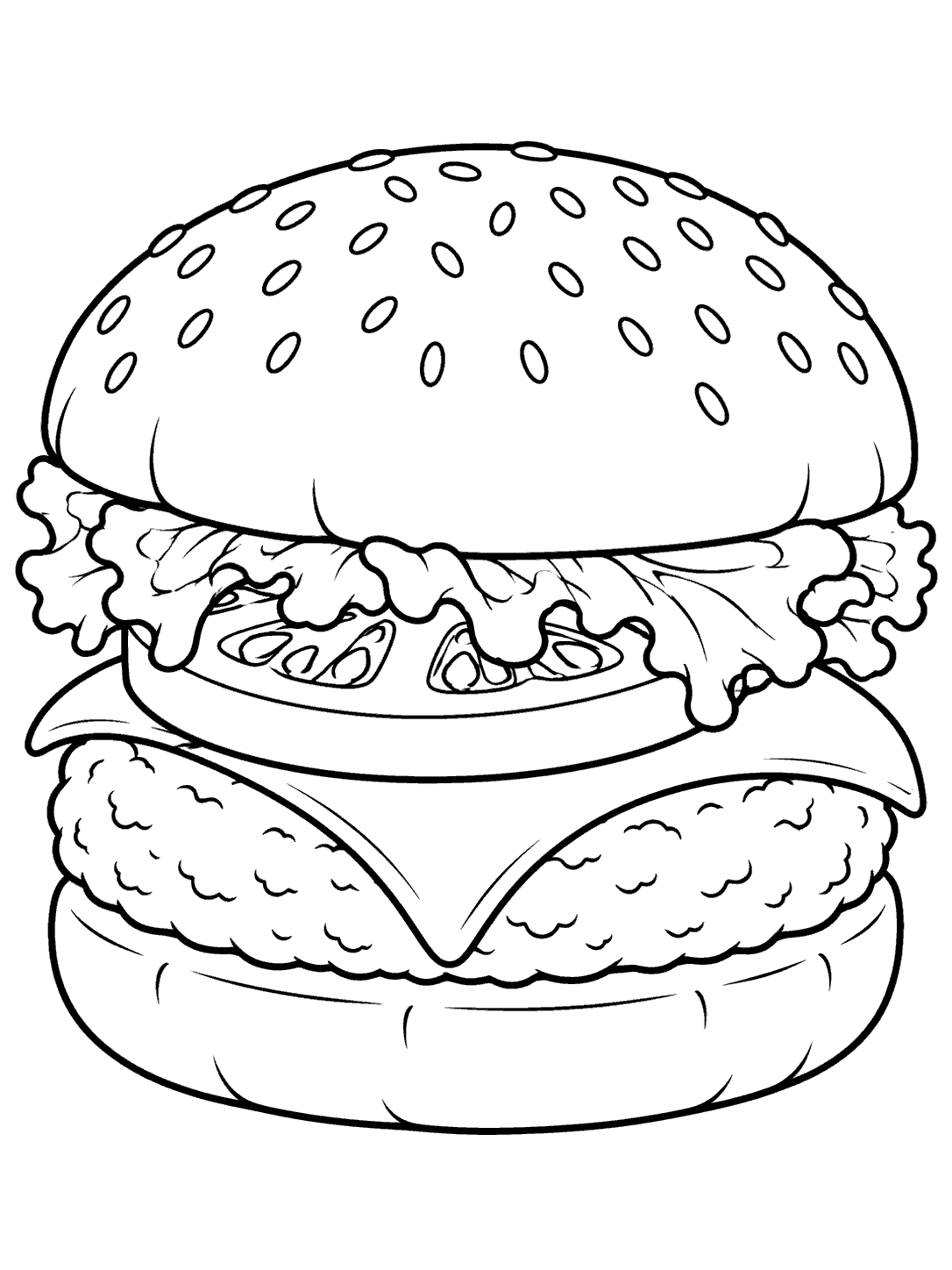 Large sesame bun cheeseburger coloring page with lettuce, tomato, cheese, and patty outlined in black
