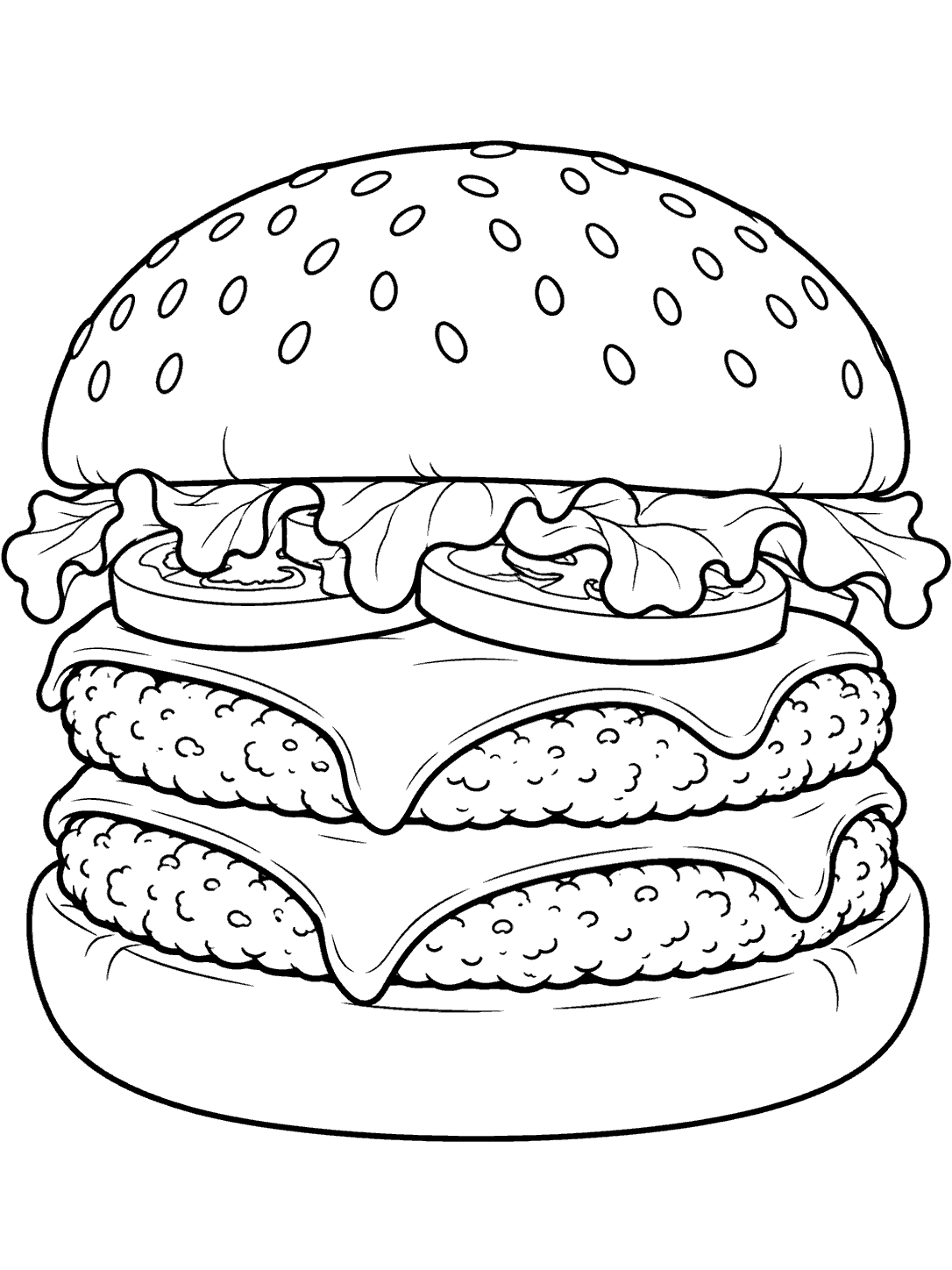 Large sesame bun over two patties and two cheese slices in black outline coloring art.
