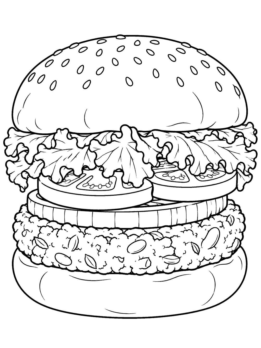 Vegetarian burger with a textured veggie patty, lettuce, tomato, onion, and sesame bun in black line art