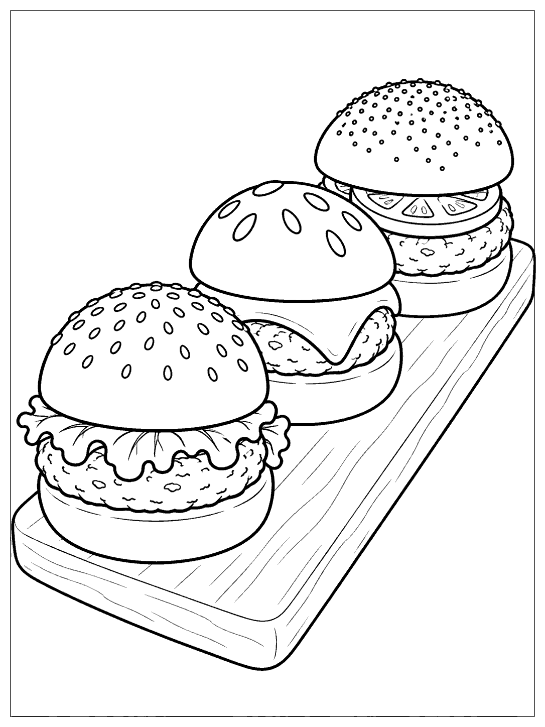 Three mini burger sliders with varied seeded buns arranged diagonally on a rectangular serving board in black line art.