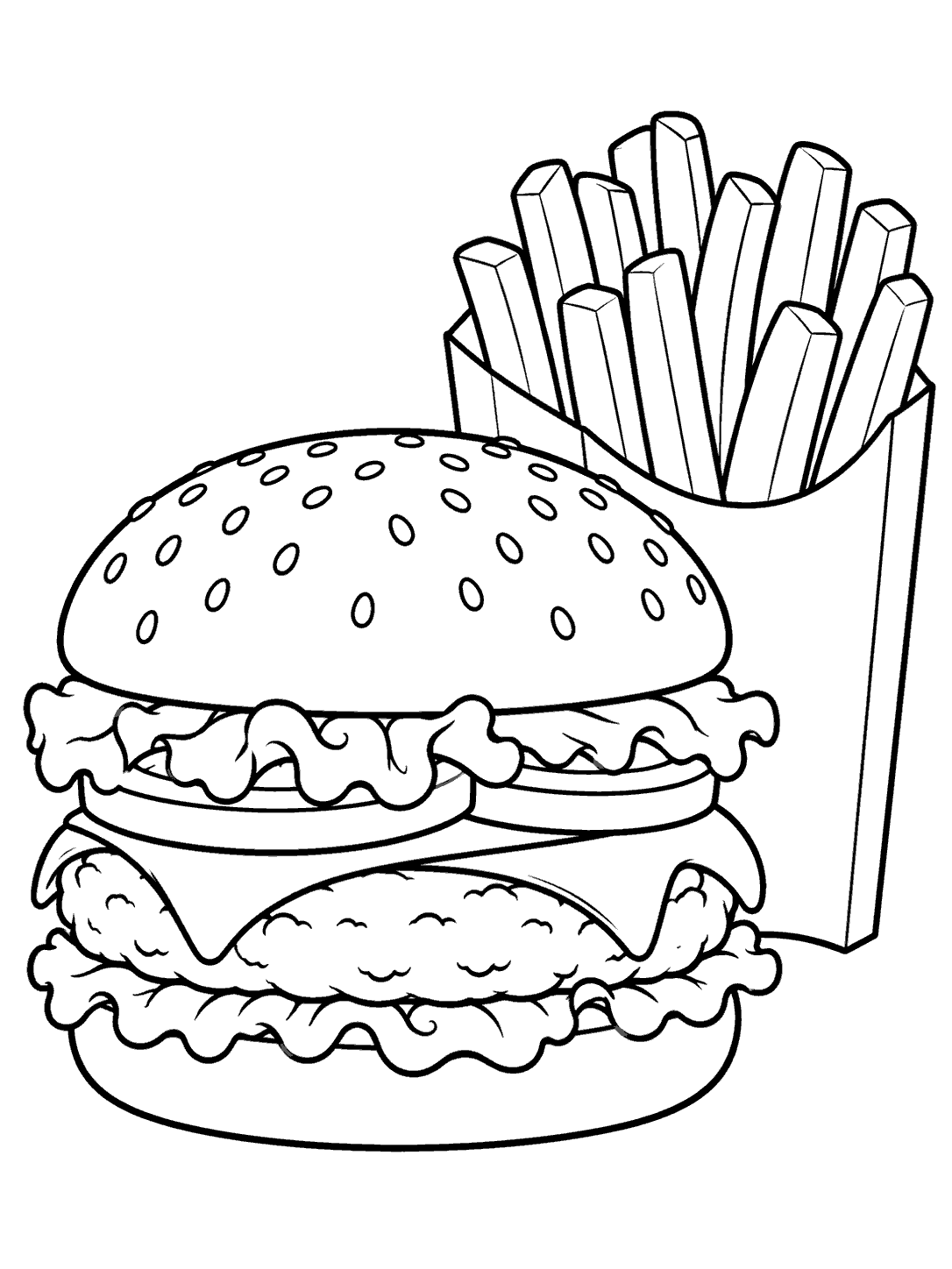Black line art of a sesame cheeseburger beside a carton filled with fries on a white page.