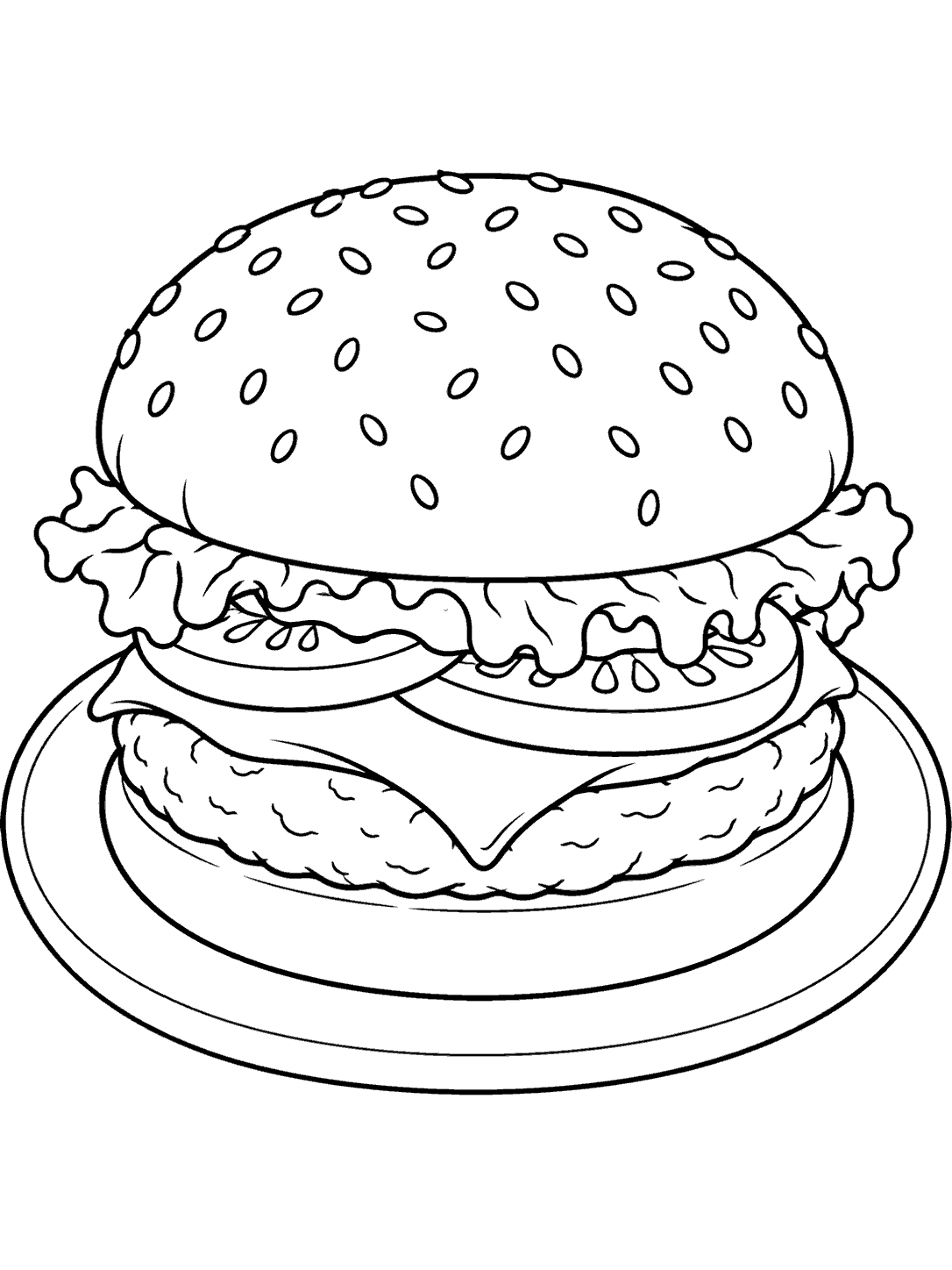 Black outline coloring page of a sesame bun burger with lettuce, tomato, cheese, and patty centered on a round plate.