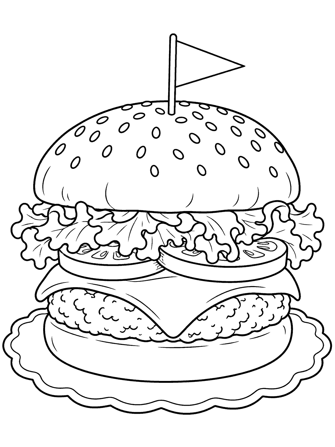 Black outline coloring page of a diner cheeseburger with lettuce, tomato, cheese, patty, toothpick flag, and scalloped plate.