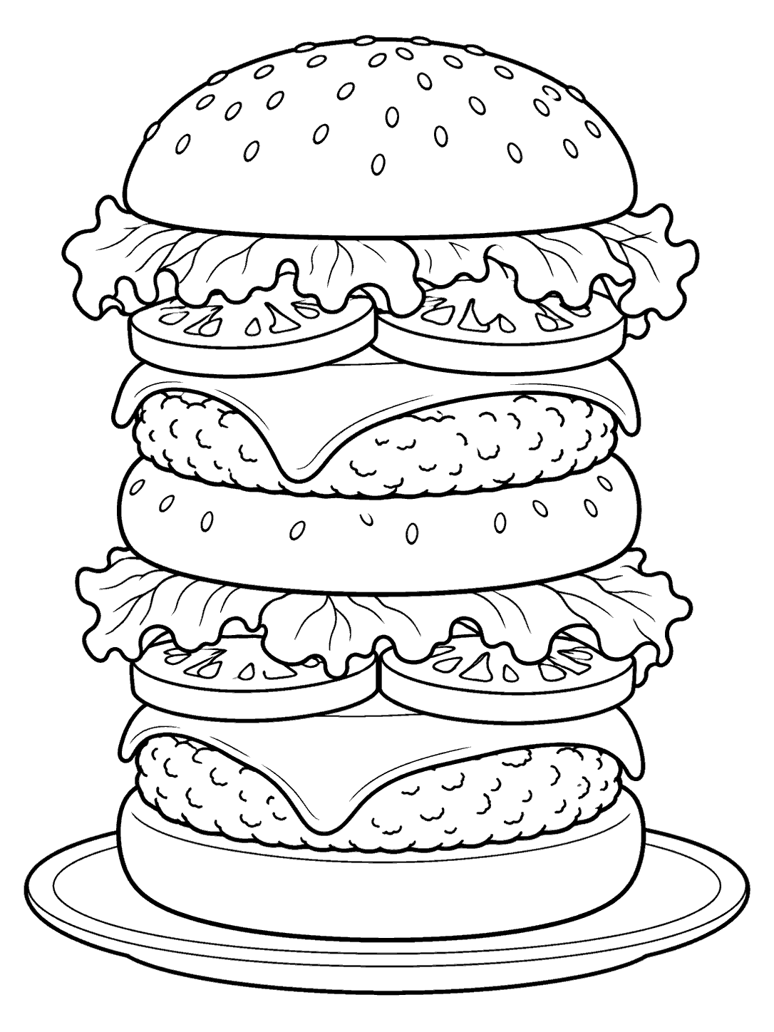 Black-and-white line art of a tall sesame bun burger tower with two patties, lettuce, tomato, cheese, and a plate.