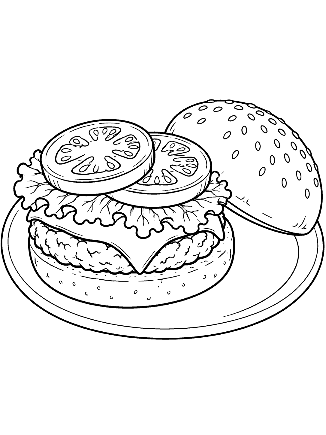 Black-outline coloring page of an open-faced burger with lettuce, tomato, cheese, and patty on a plate, beside its detached sesame-seed top bun.