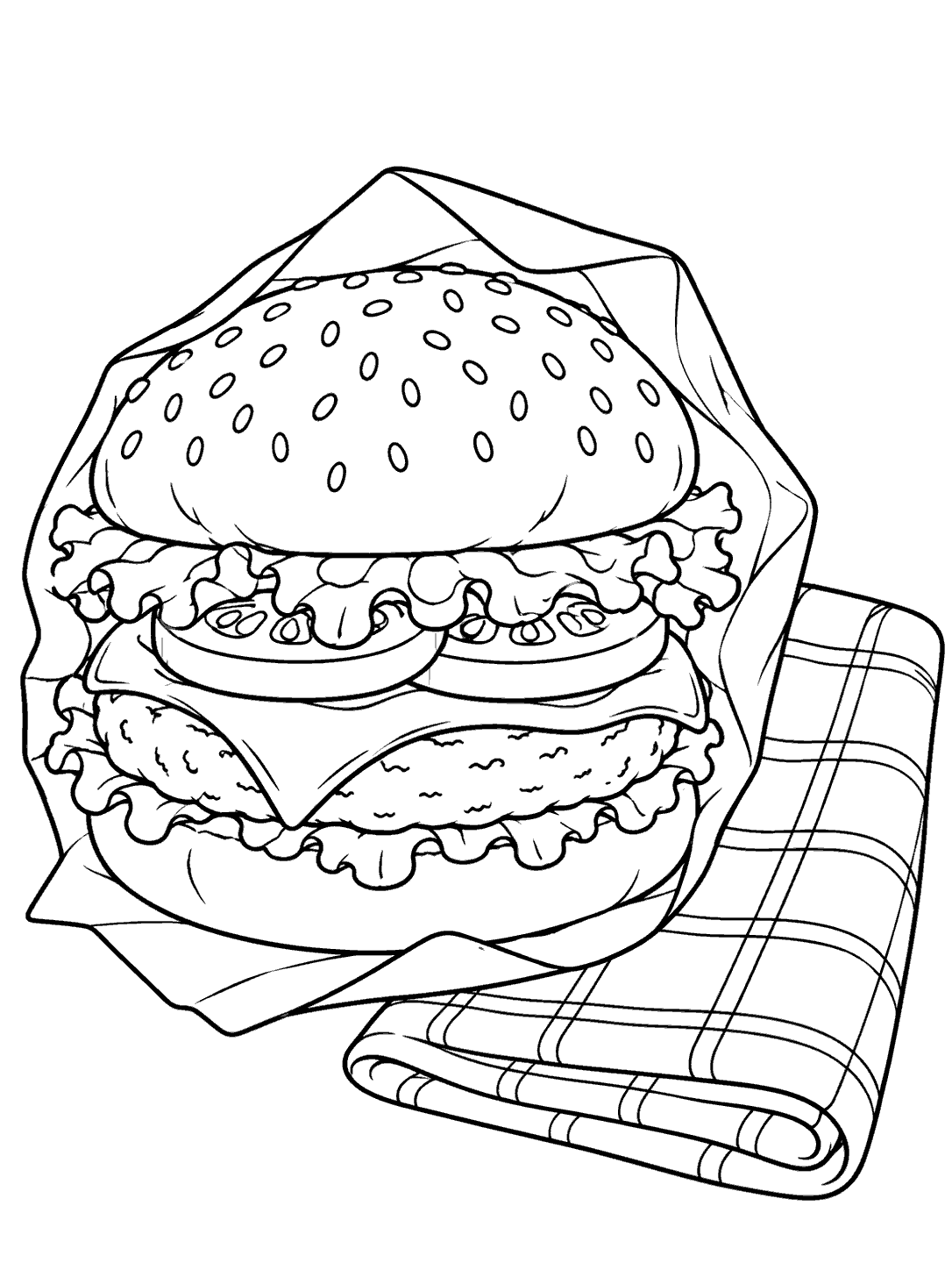 Black outline coloring page of a partly wrapped sesame burger beside a folded checkered cloth.