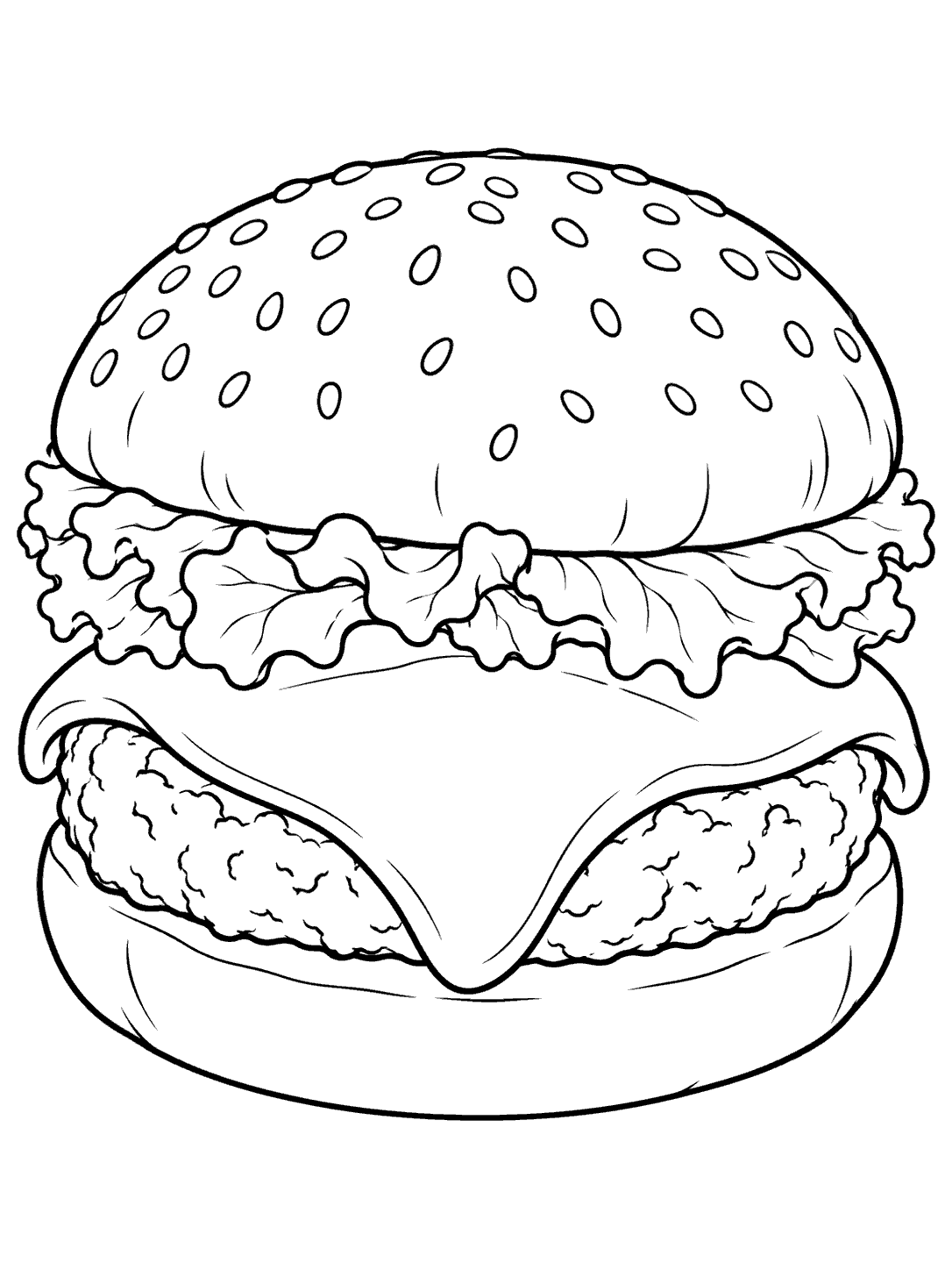 A sesame cheeseburger with lettuce and a broad draping cheese slice, drawn in black outlines.