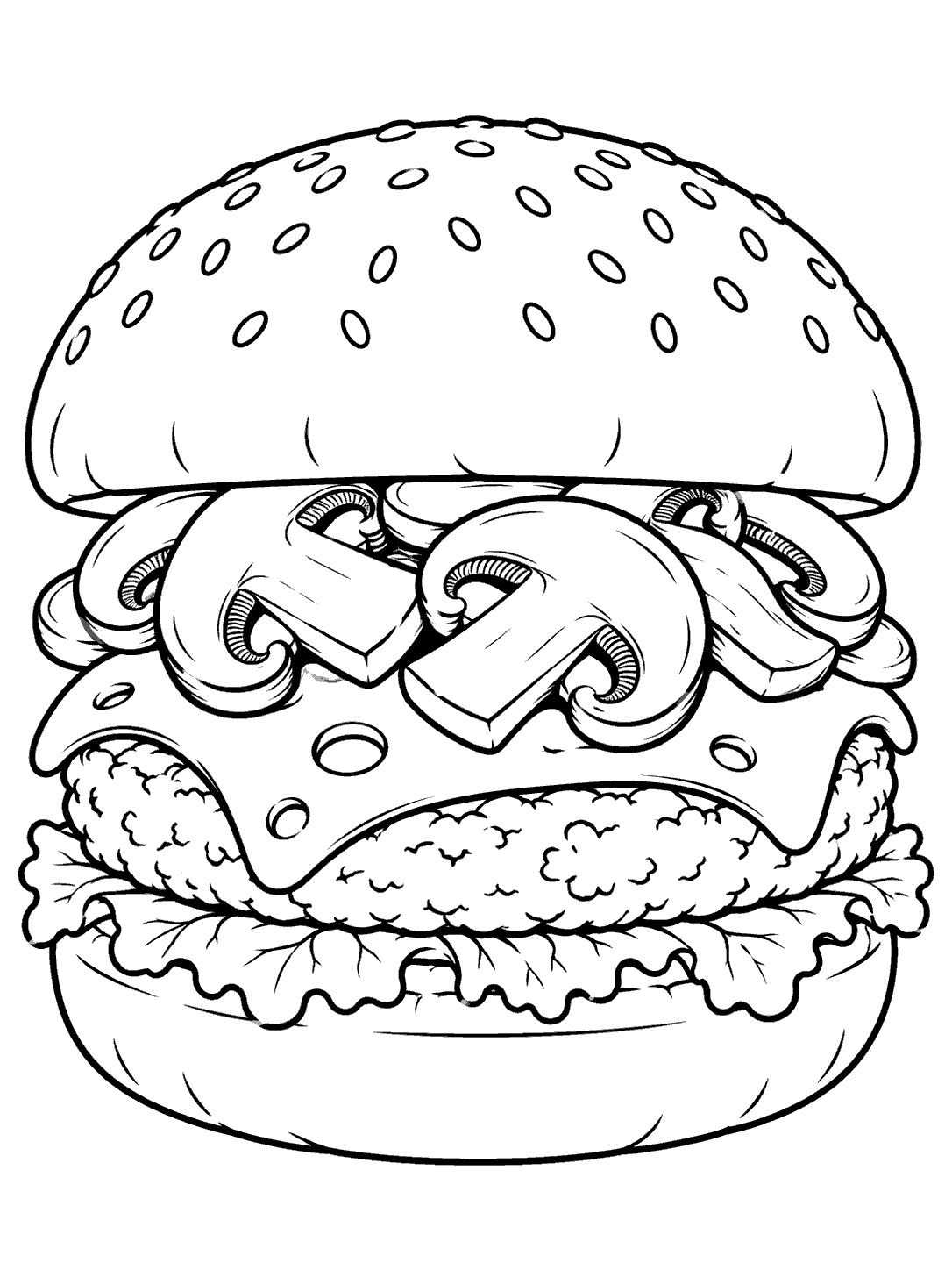 Line art of a mushroom burger with sliced mushrooms, Swiss-style cheese, lettuce, patty, and buns.