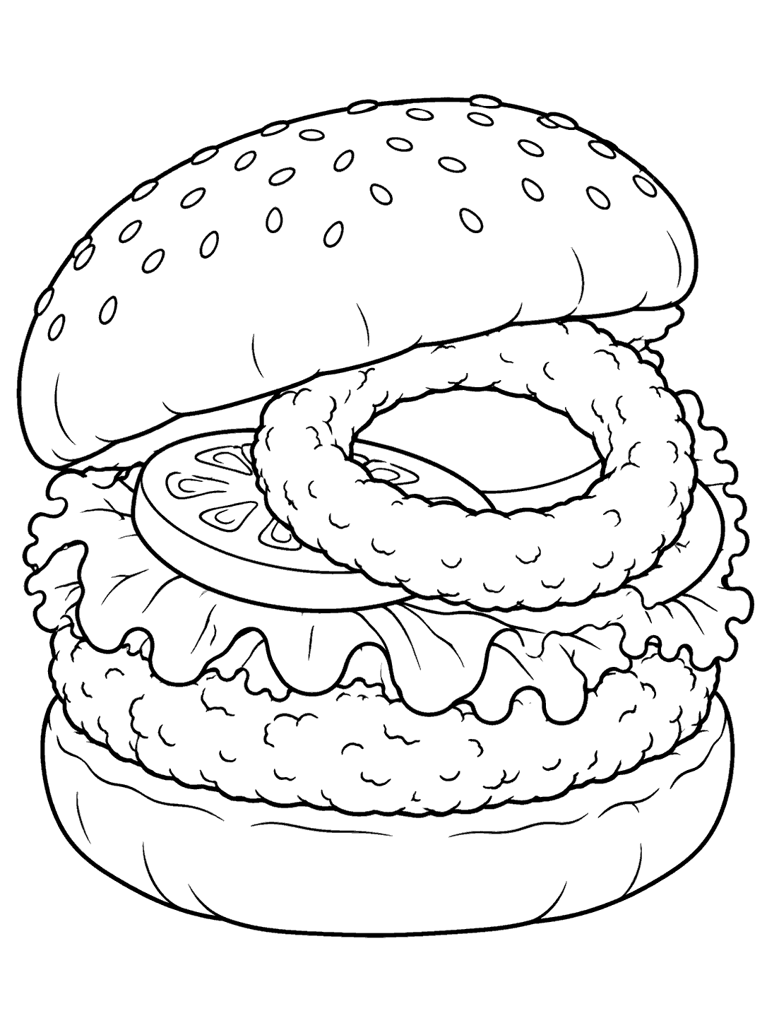 Black line-art burger with a large open onion ring, lettuce, tomato, patty, and sesame-seed bun.