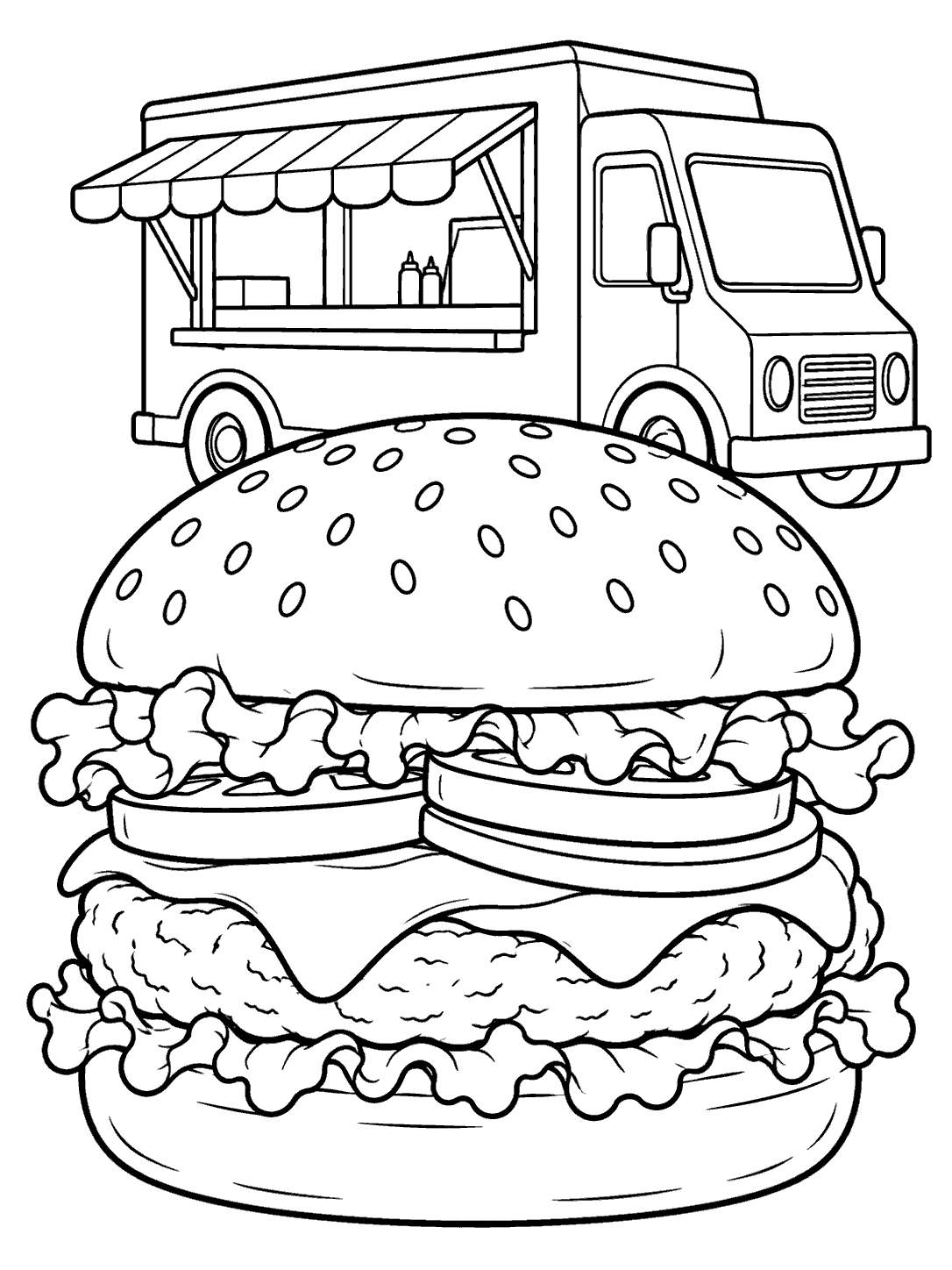 Large layered burger with sesame bun in front of a small food truck with a striped blank awning and serving window, in black outline art