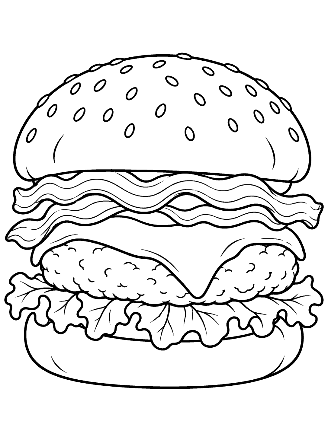 Black outline coloring page of a tall cheeseburger with two visible wavy bacon strips, sesame seed bun, cheese, patty, and lettuce.