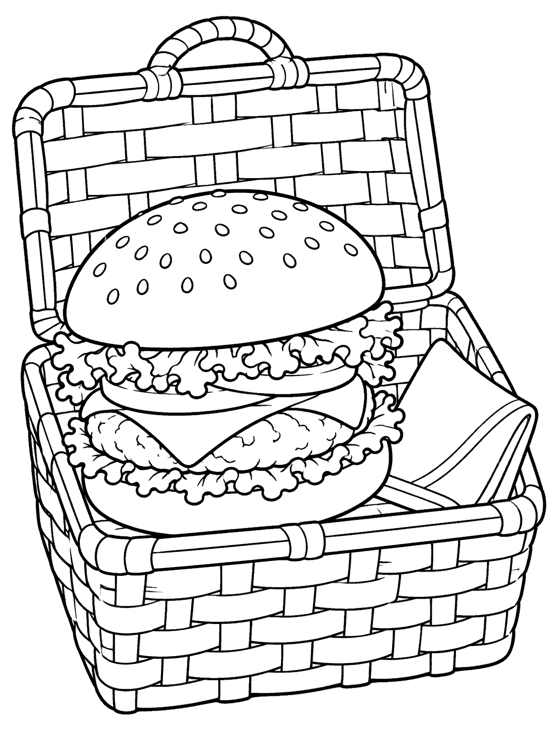 Black line art of a sesame-seed burger nestled in an open woven picnic basket beside a folded napkin.