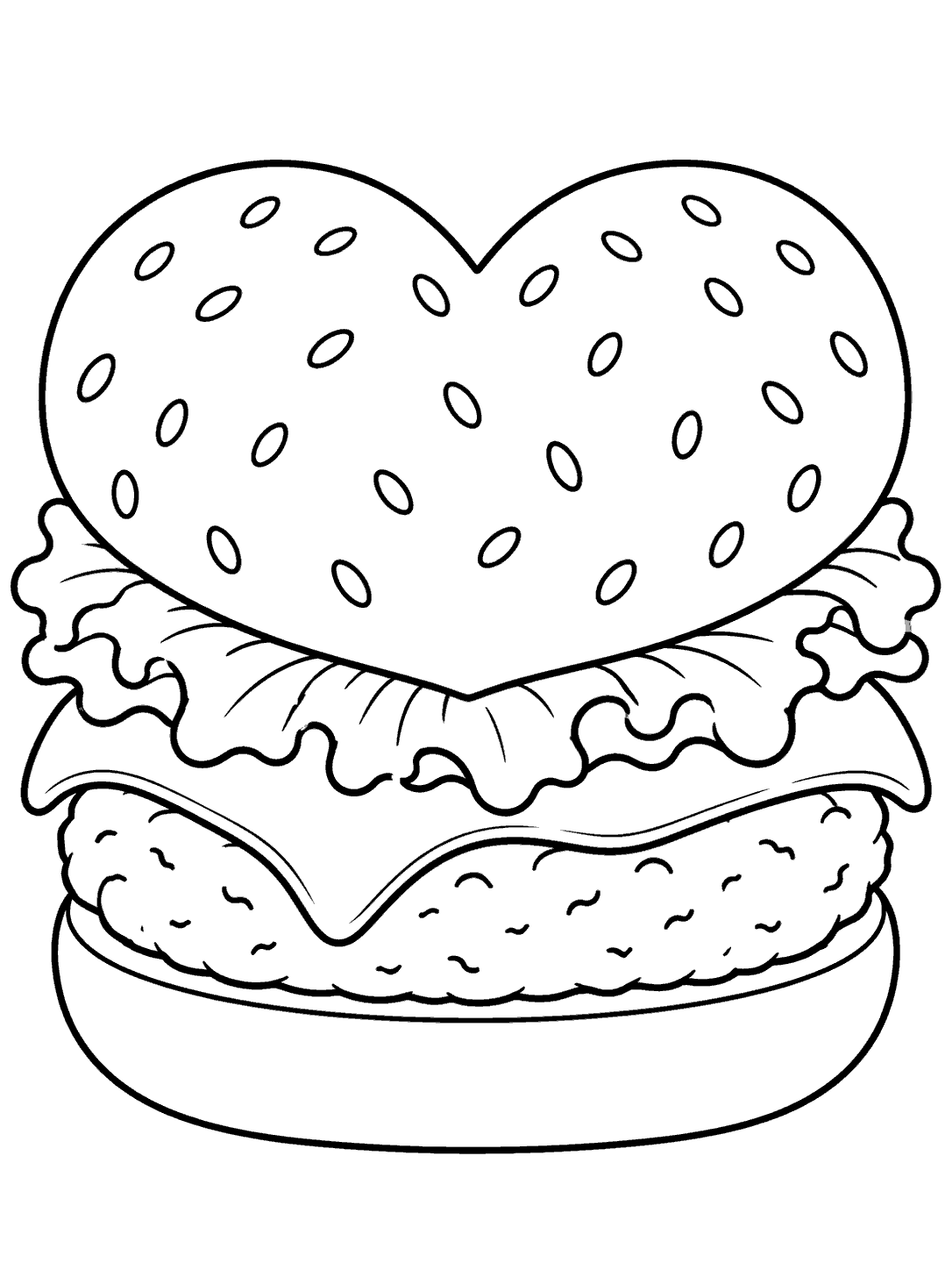 Playful burger with heart-shaped top bun line art