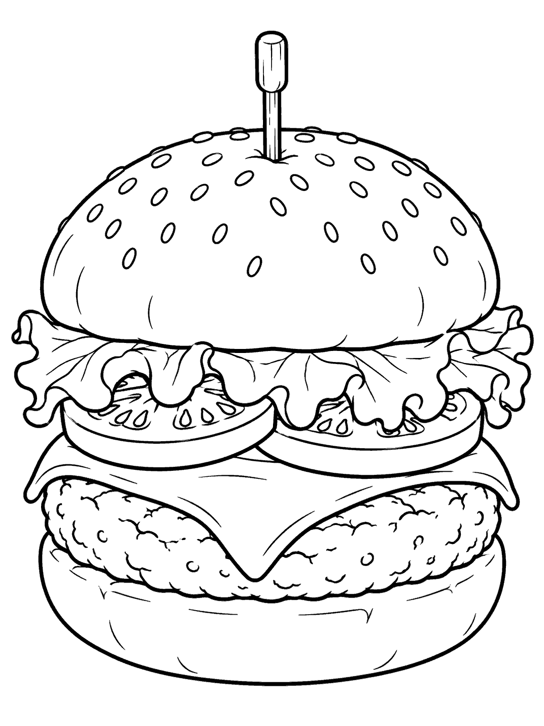 A large layered burger with a sesame bun, lettuce, tomato, cheese, patty, and a vertical skewer, in black line art.