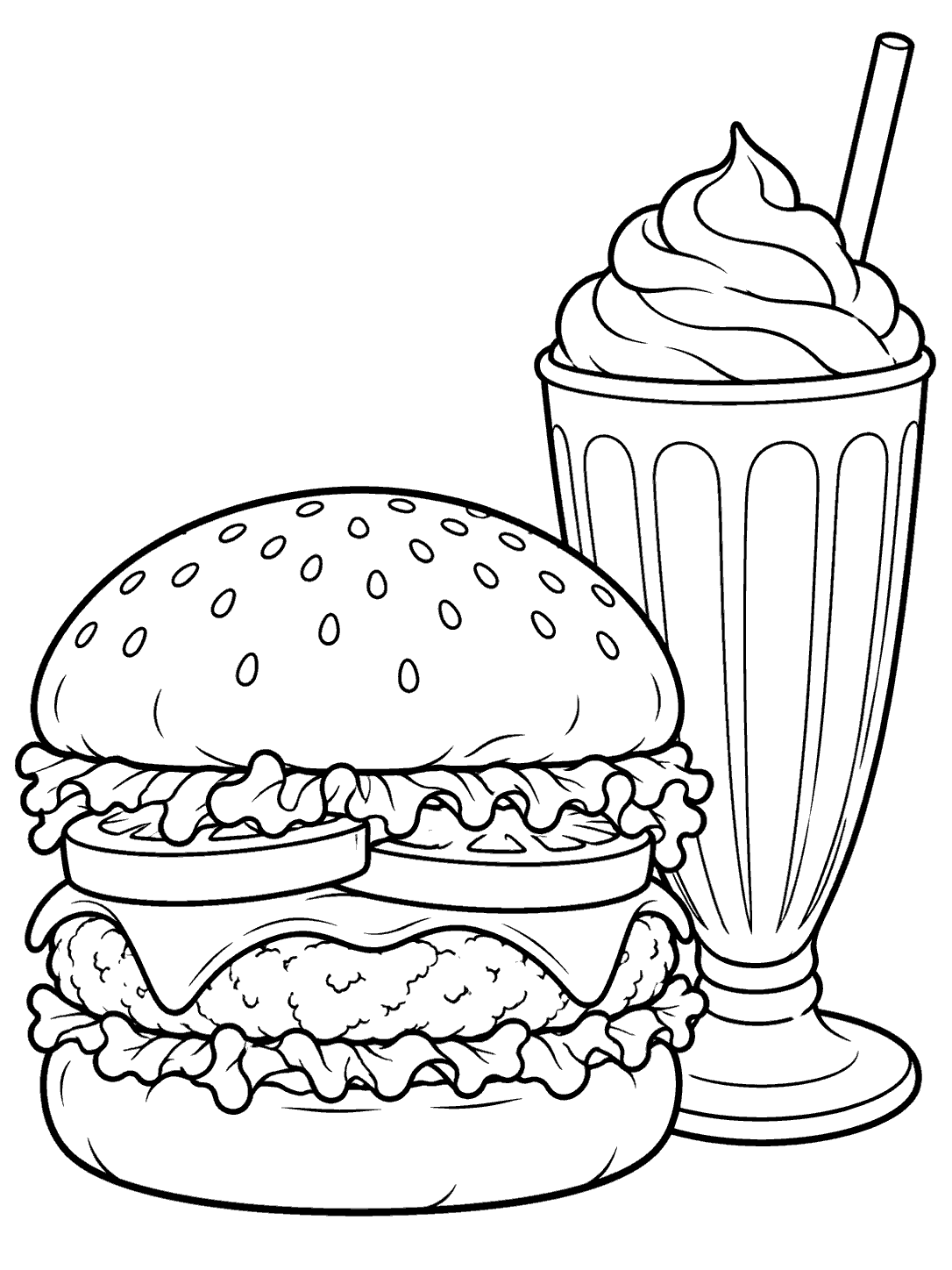Large sesame-seed burger beside a tall fluted-glass milkshake topped with a swirl and straight straw, in black line art.