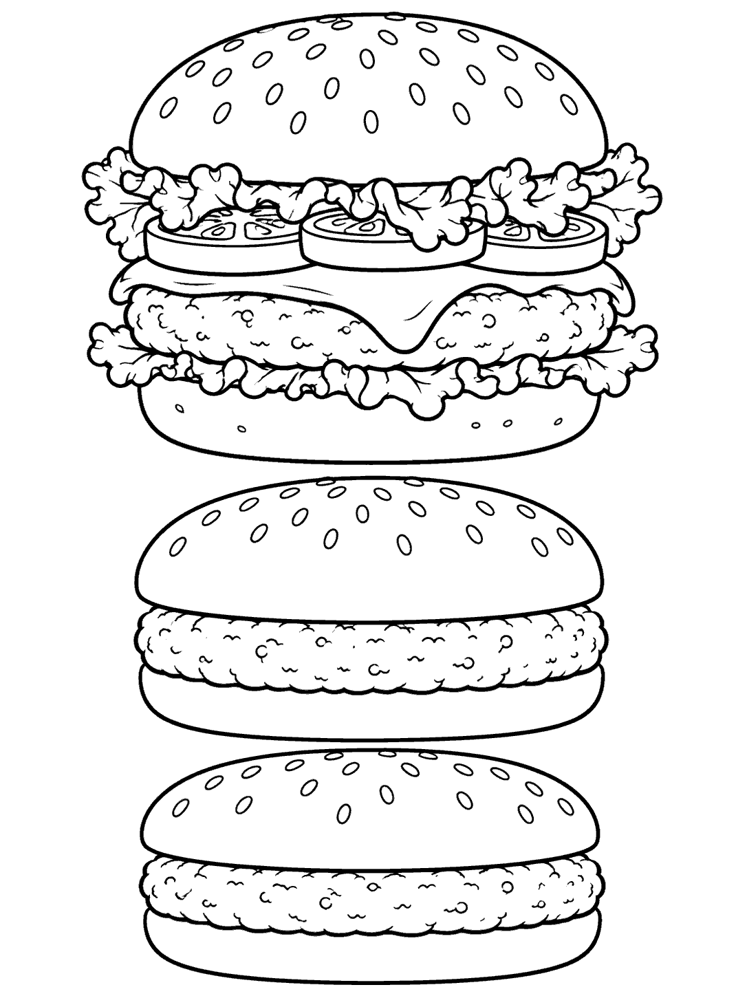 Black outline coloring page with a large layered burger above two bun-and-patty pairs.
