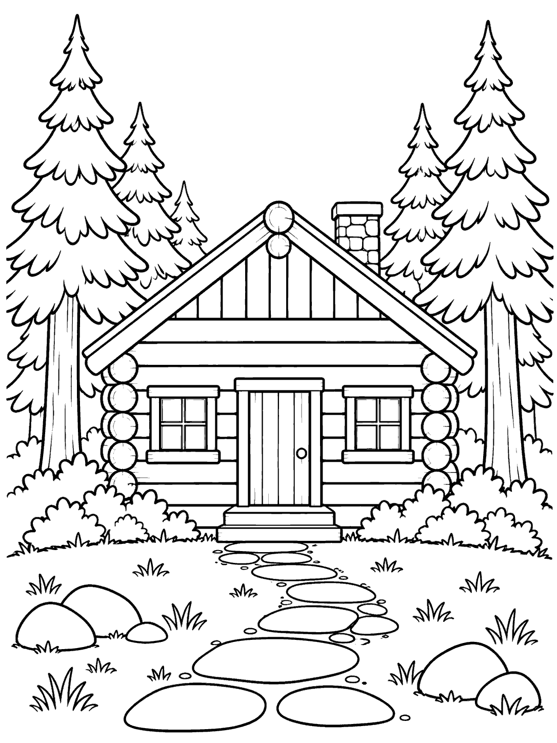 Black-outline coloring page of a log cabin with two windows, a door, and a stepping-stone path, surrounded by pine trees, bushes, and rocks.