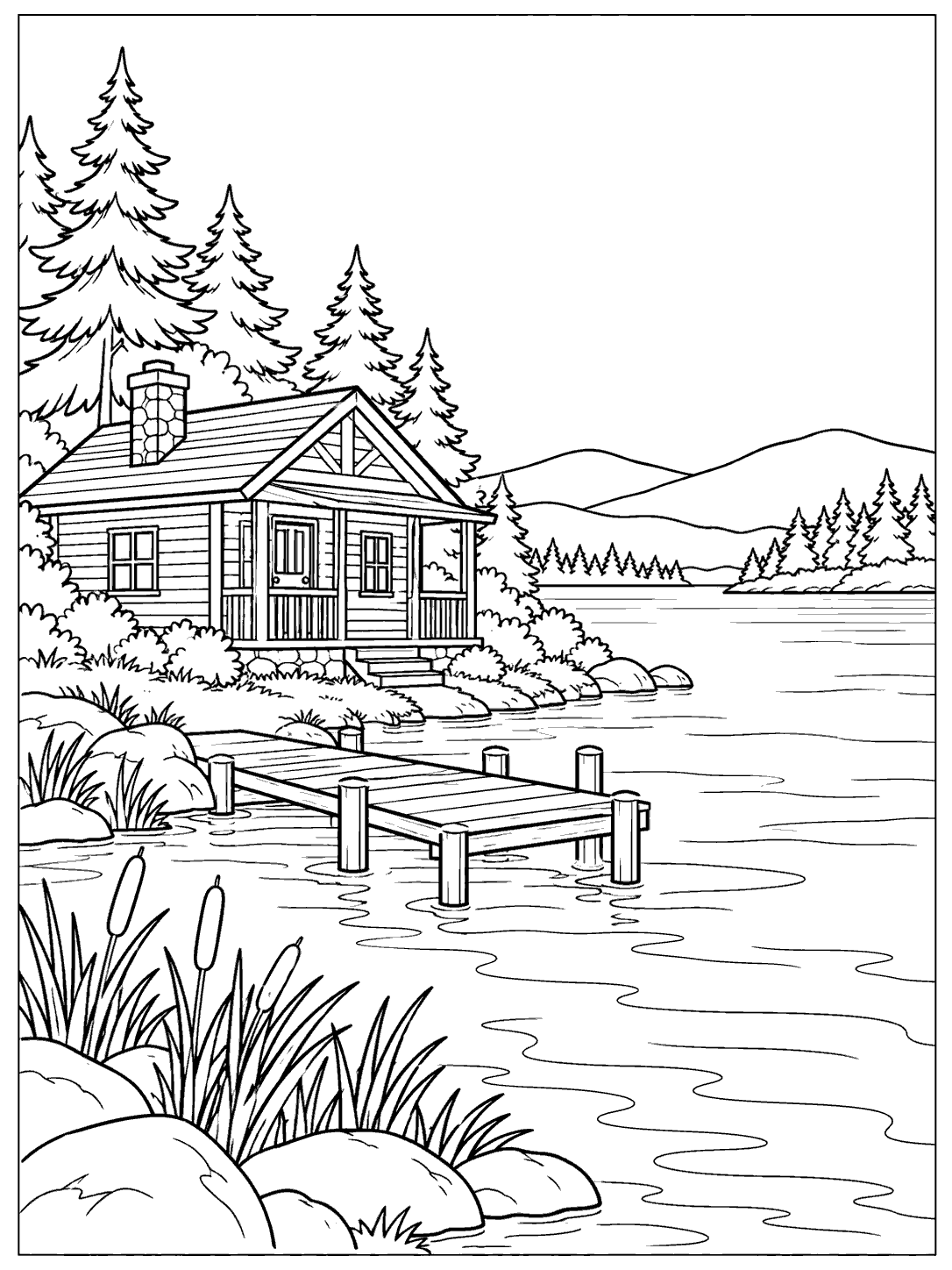 A lakeside cabin beside a calm lake, with a dock, reeds, evergreen trees, and distant hills.