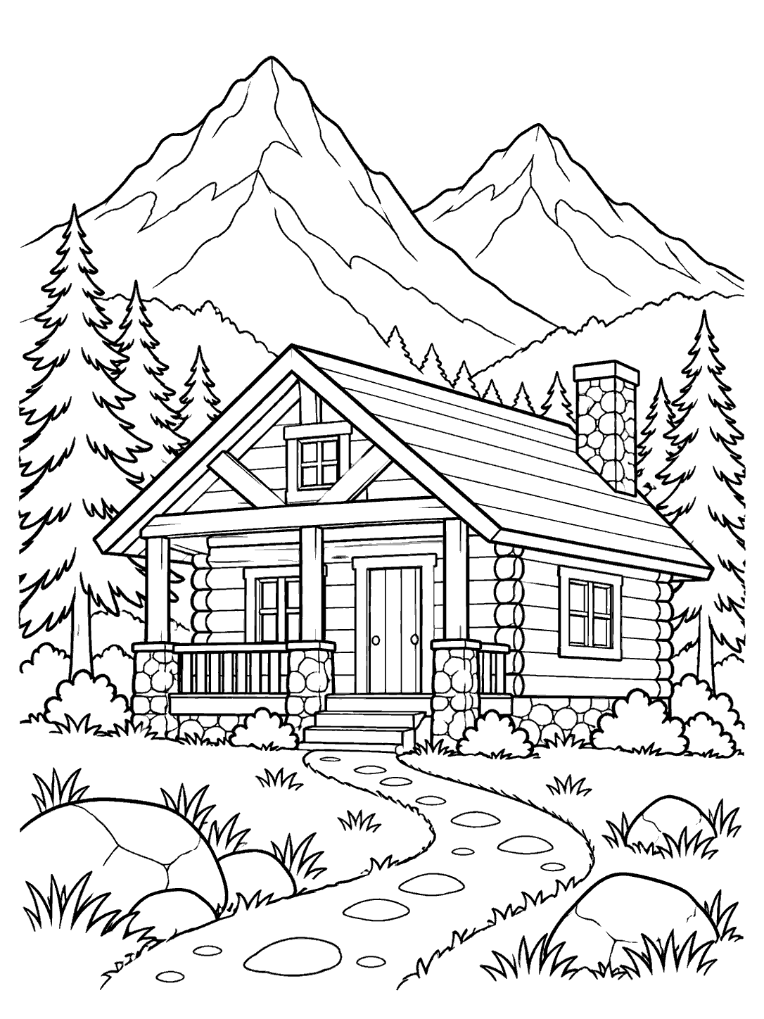 Black-outline log cabin with a porch beneath two mountain peaks, evergreen trees, and a curved stepping-stone path.