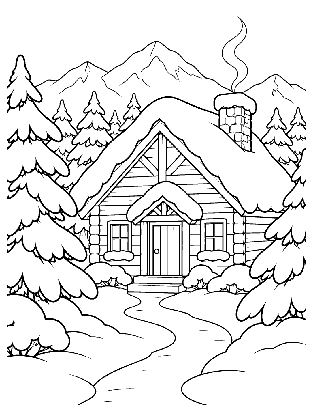 Winter cabin coloring page with snow-covered firs, a chimney curl of smoke, two windows, distant mountains, and a gently curving path.