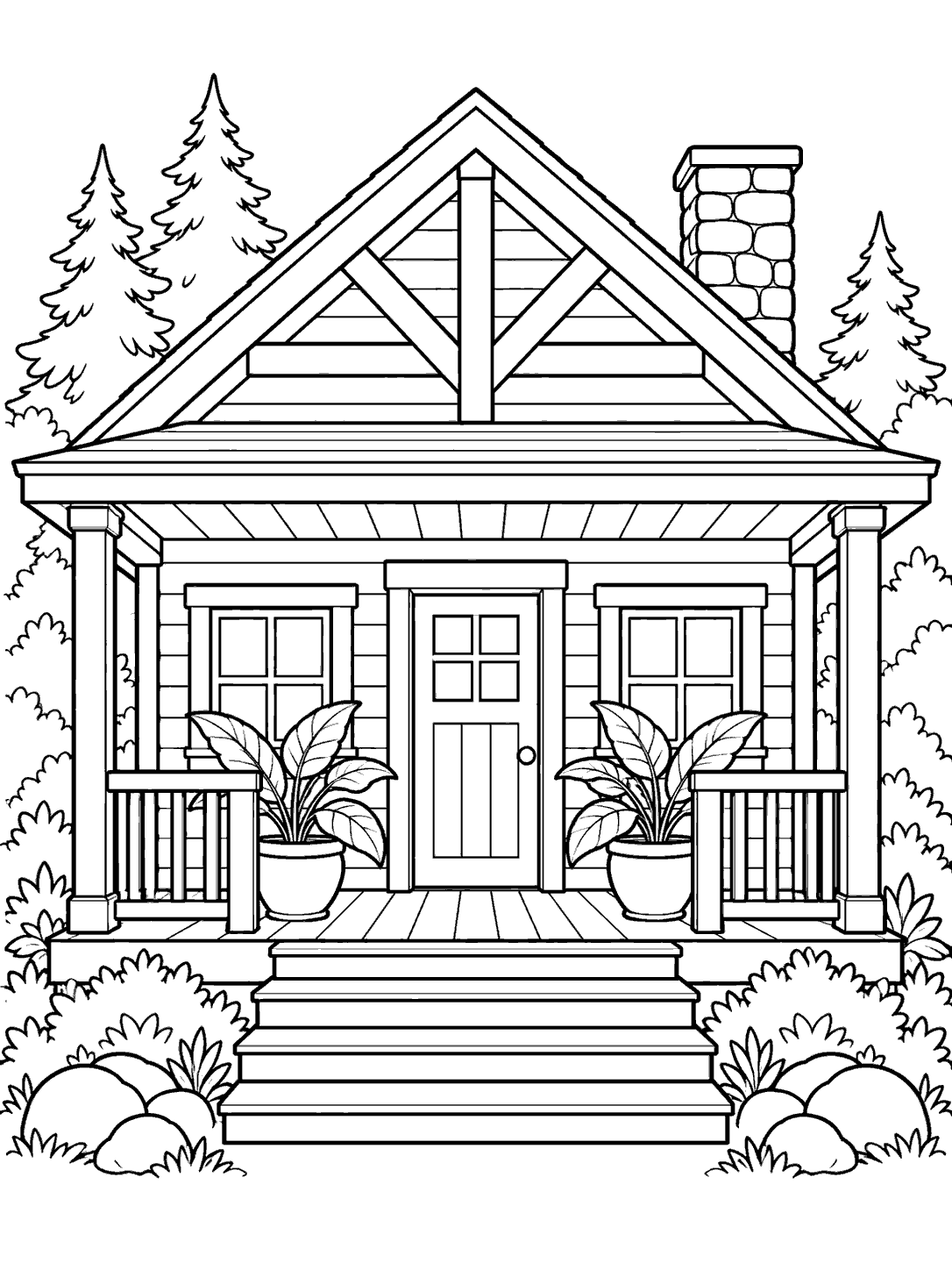 Front-facing cabin with a broad porch, paired windows, and two leafy potted plants