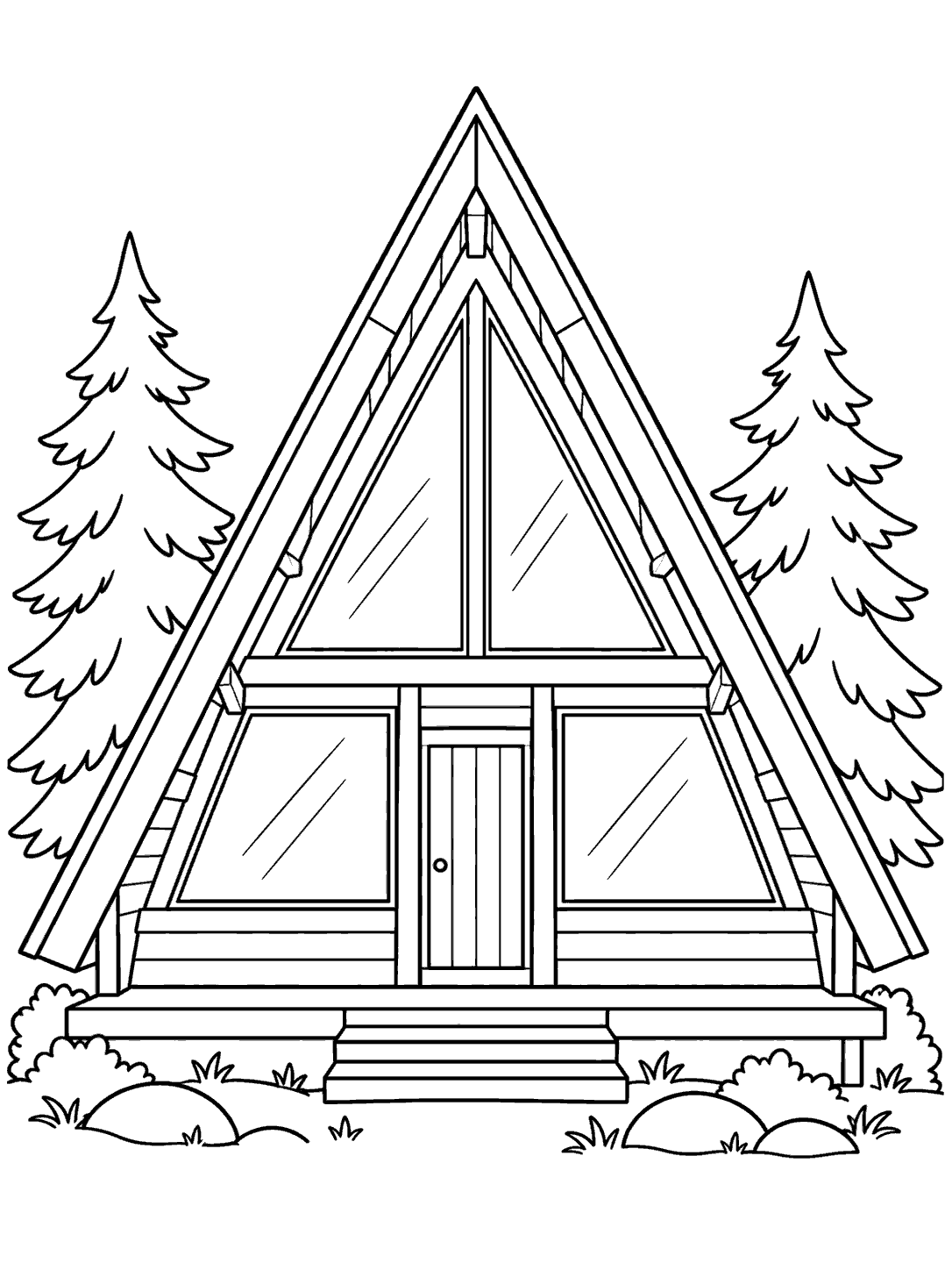 Front view of a tall A-frame cabin with a divided front window, small door, and evergreen trees on either side.