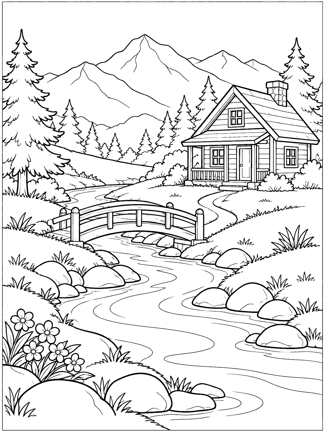 Black-and-white coloring page showing a cabin beside a winding stream, arched footbridge, rounded stones, pine trees, and distant mountains.
