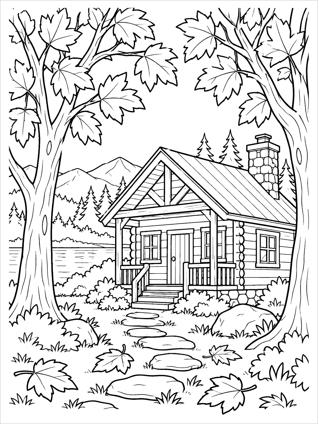 A rustic lakeside cabin framed by broad-leaf trees, with fallen leaves on the ground.