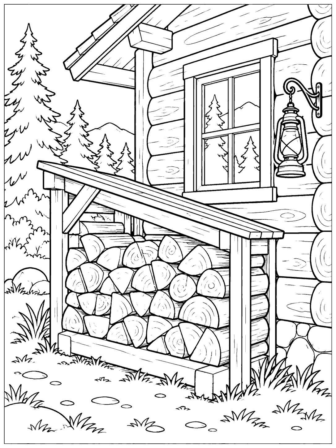 A cabin wall with a window and hanging lantern beside a sheltered stack of split logs, pine trees, and a grassy foreground.
