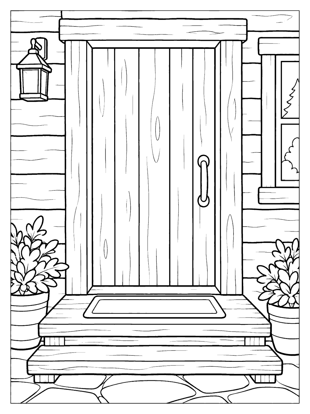 Plank cabin door with a handle, welcome mat, two broad steps, siding, window edge, lantern, and potted plants.