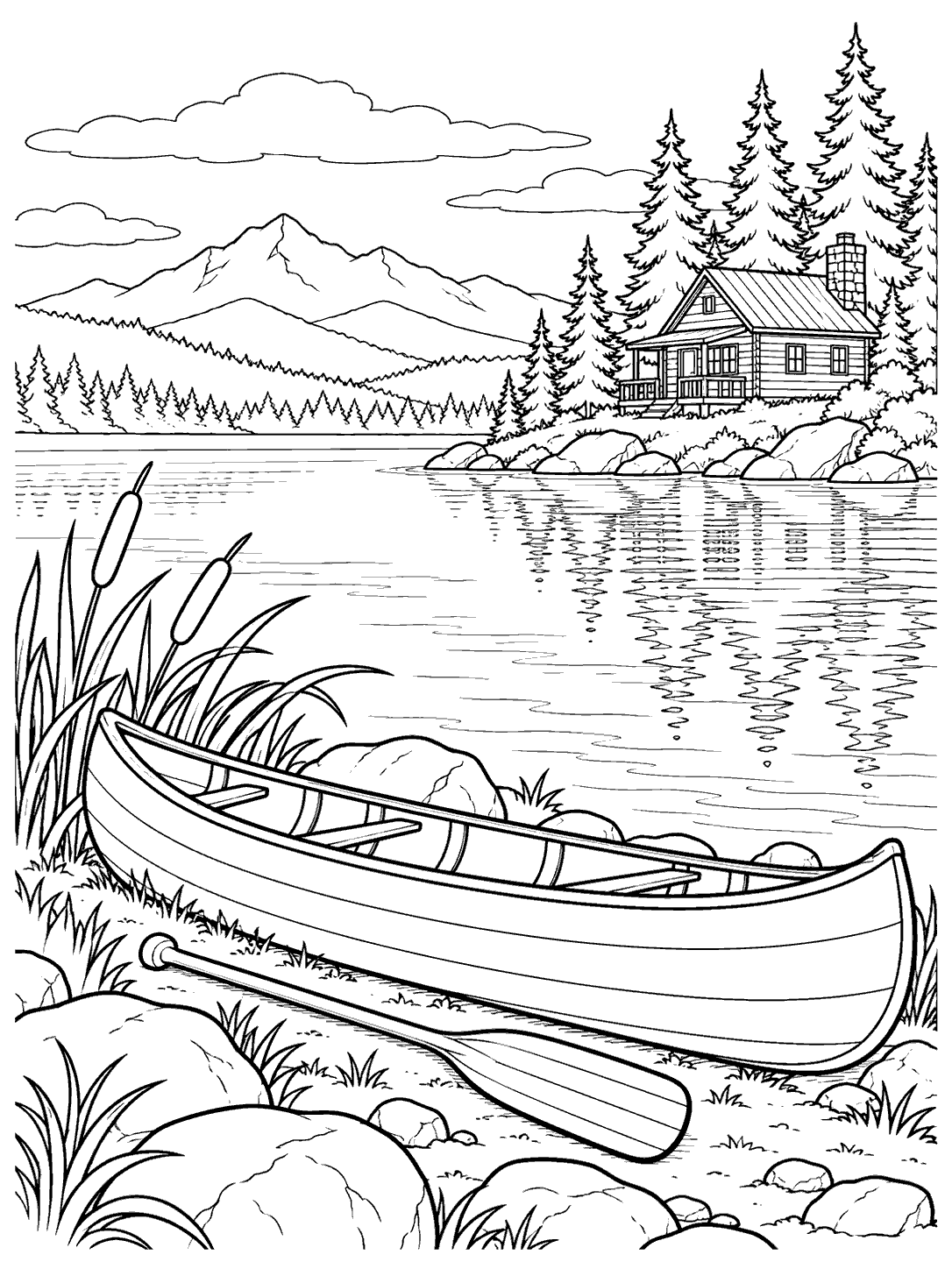 Empty canoe and paddle beside reeds on a lakeshore, with a cabin, pine trees, and mountains beyond