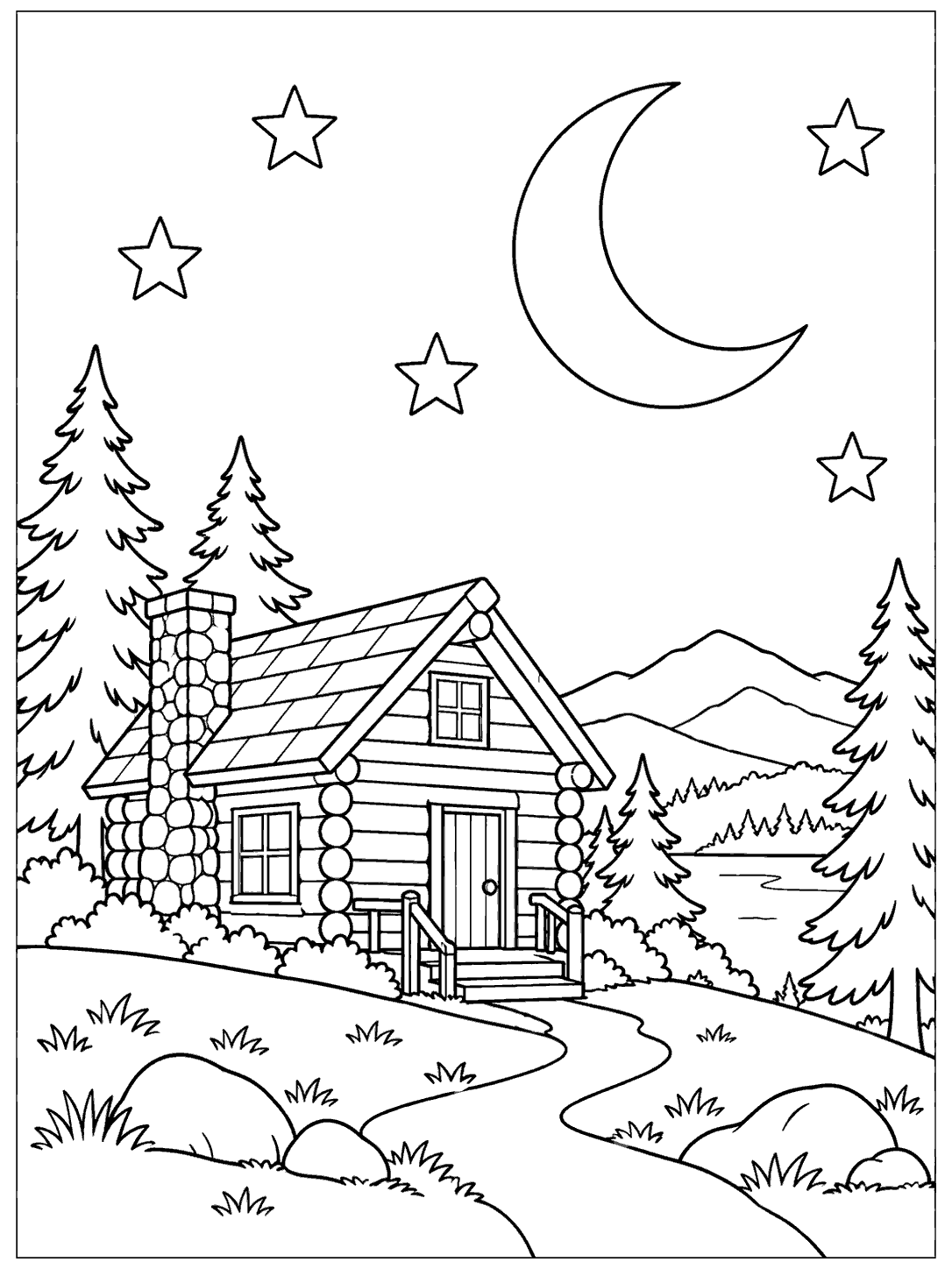 Detailed cabin coloring page with a crescent moon, five large stars, pine trees, and a winding path through rolling hills.