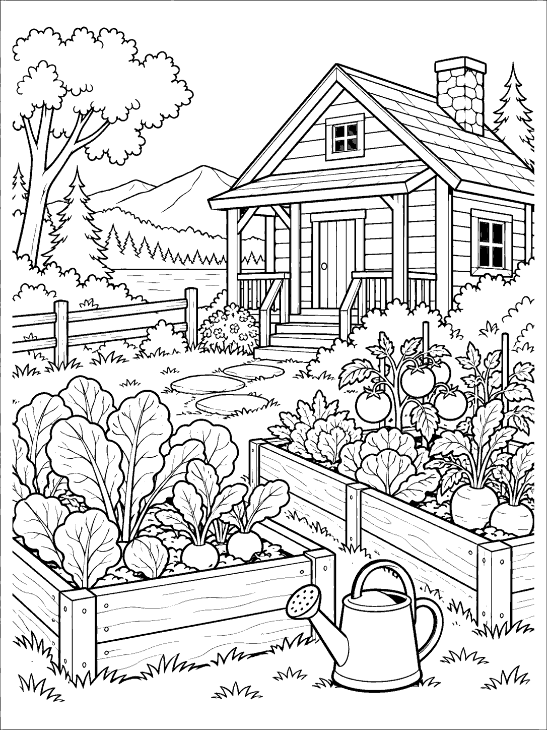 Black-and-white coloring page showing a cabin behind two raised vegetable beds, with leafy greens, round vegetables, and a watering can in the foreground.