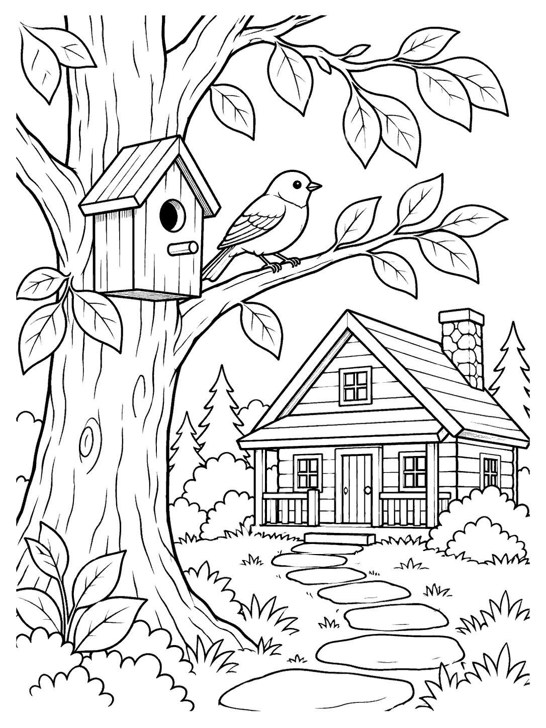 A bird beside a birdhouse in a large tree, with a cabin and stepping-stone path behind it.