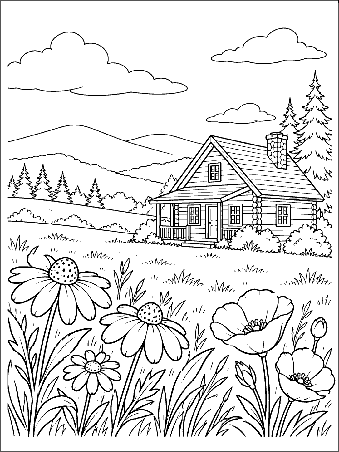 Line art of a cabin in a meadow with large wildflowers, low hills, and trees.