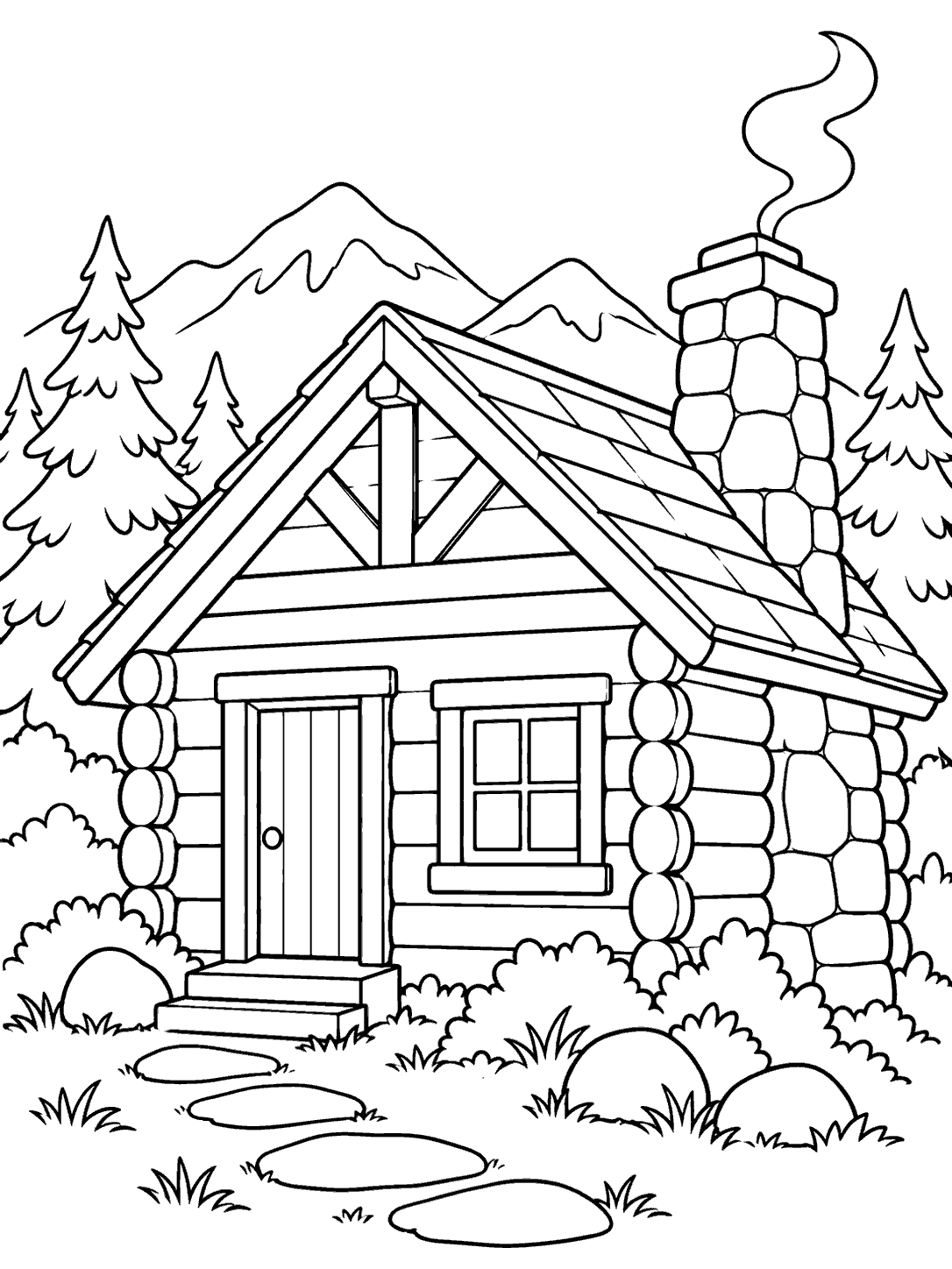 Line-art coloring page of a log cabin with a prominent stone chimney, curled smoke, mountain peaks, and pine trees.