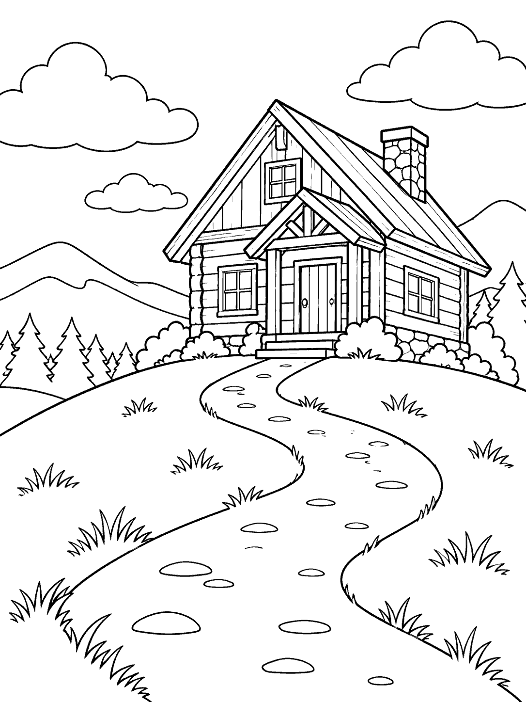 A log cabin with a winding path sits on a rounded hill, with distant hills, trees, clouds, and simple grass clumps.
