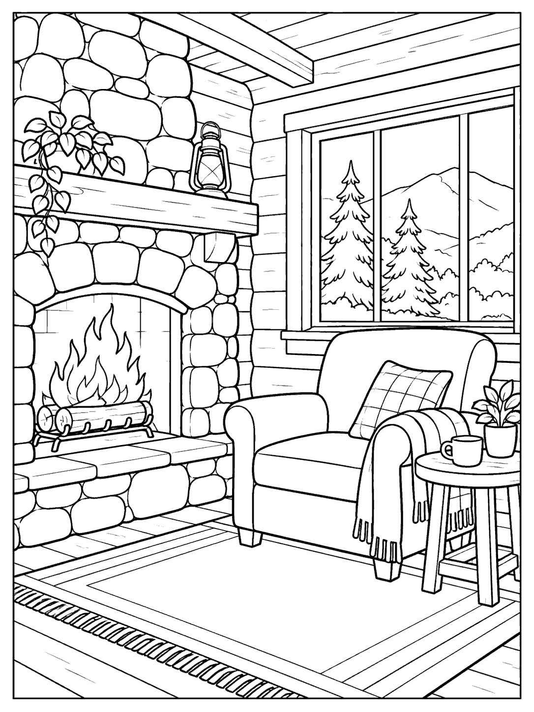 Cabin living room coloring page with a stone fireplace, armchair, side table, and two pine trees outside the window