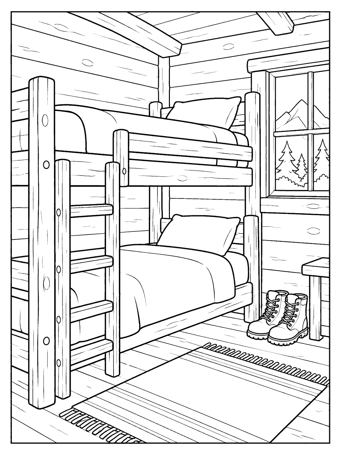 Cabin bedroom with a two-level bunk bed, a small window, and boots beside the bed.