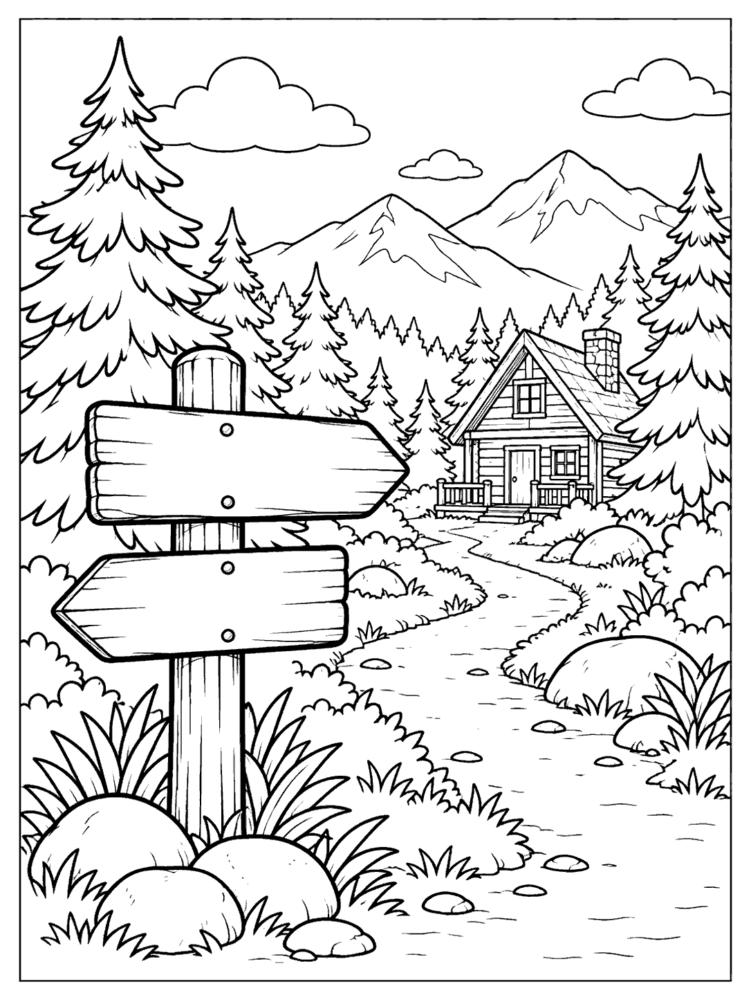 Black and white coloring page showing two blank wooden signboards in the foreground, a winding trail leading to a small cabin among pine trees, and distant mountains.