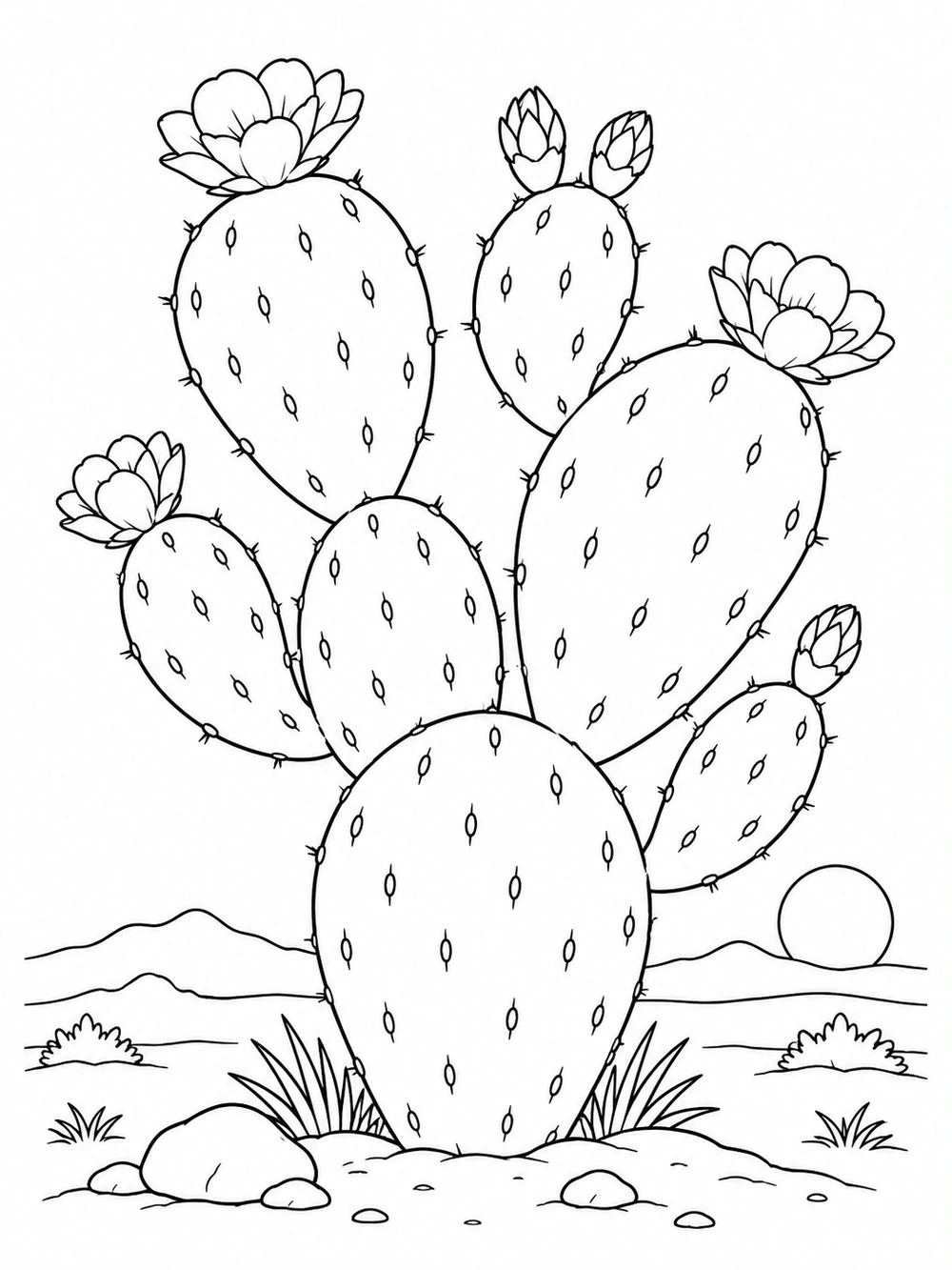 Black ink coloring page of a prickly pear cactus with rounded, oval-spined pads, desert plants, low hills, and a sun.
