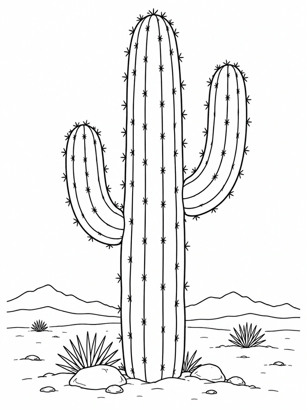 Black-and-white coloring page with a tall two-armed saguaro, distant desert ridges, stones, and small spiky plants.
